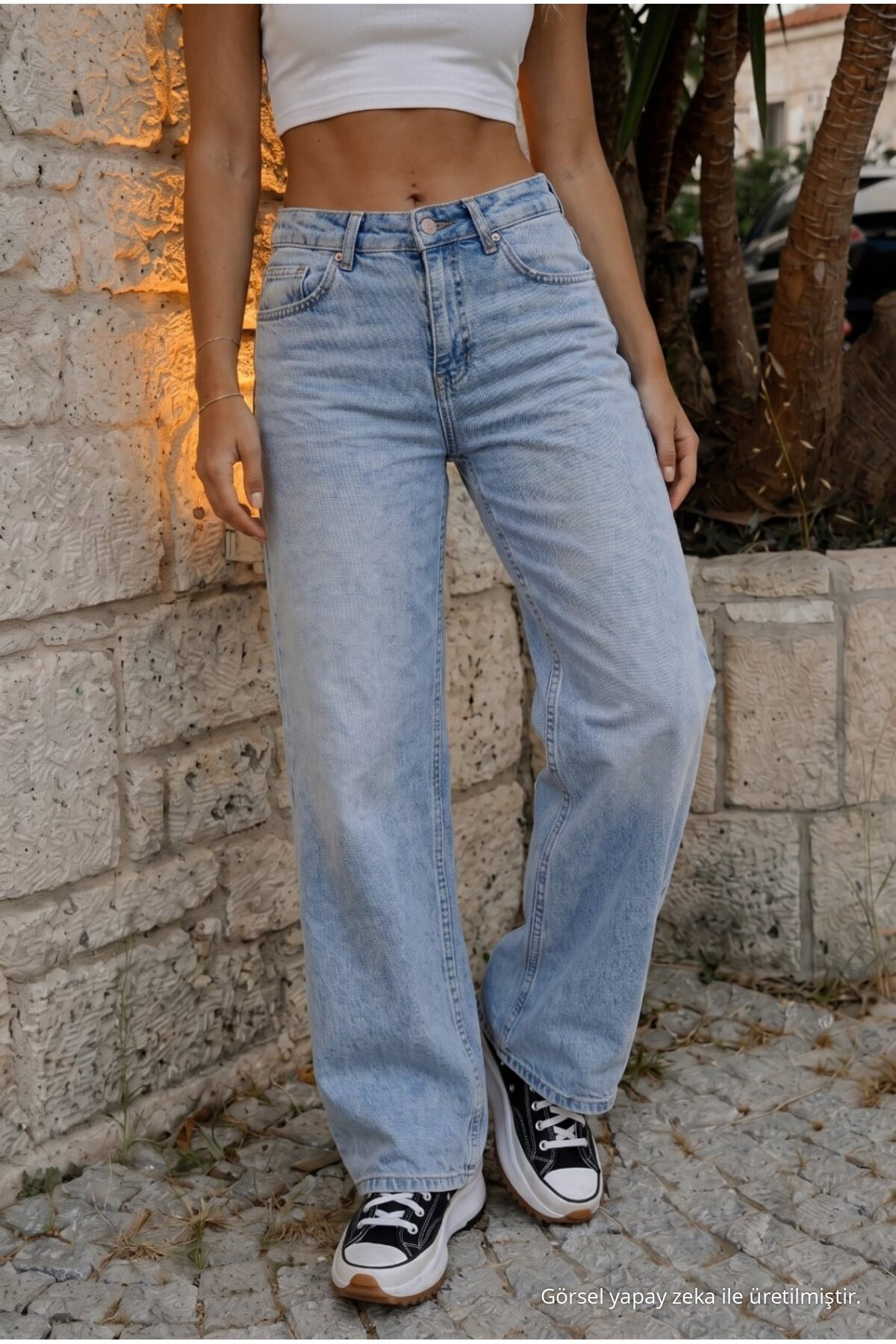 Kadın Vintage Efektli Yüksek Bel Esnek Wide Leg Jeans Açık Mavi 7