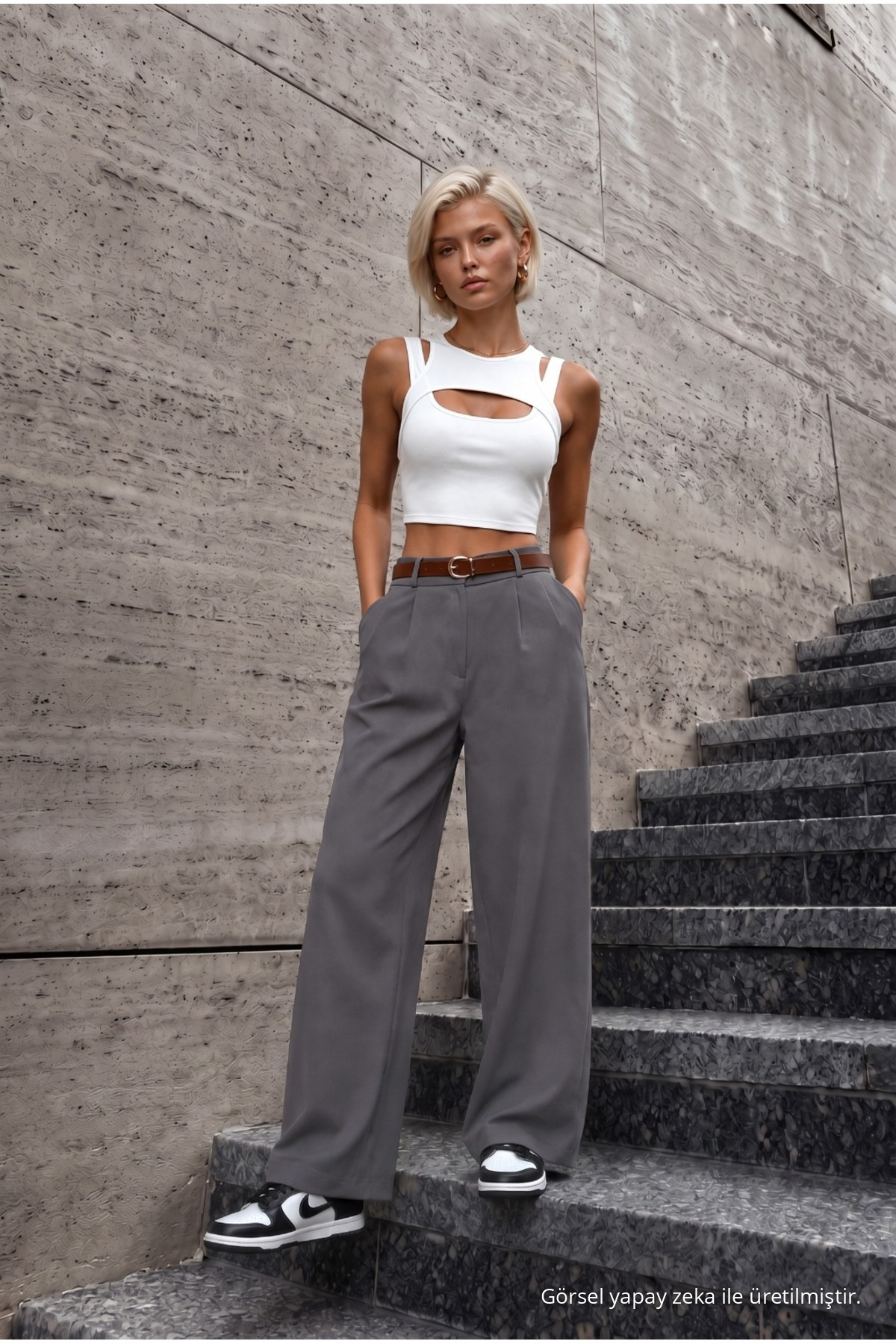 Kadın Kemerli Oversize Salaş Beli Lastikli Palazzo Pantolon GRİ 5