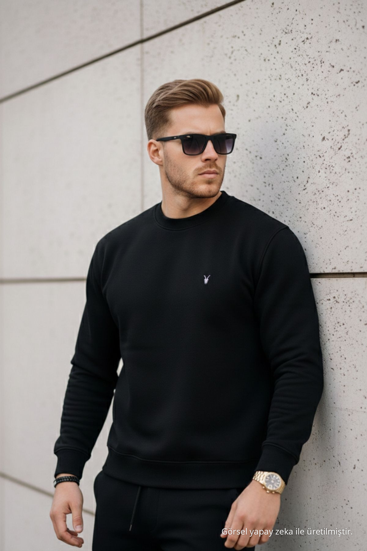 SİYAH Renk Basic Bisiklet Yaka Relaxed Regular Erkek Sweatshirt 5