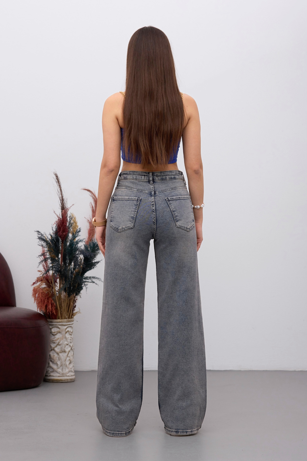 Kadın Yüksek Bel Esnek Soluk Efektli Vintage Geniş Paça Wide Leg Rahat Jean gök mavi 4