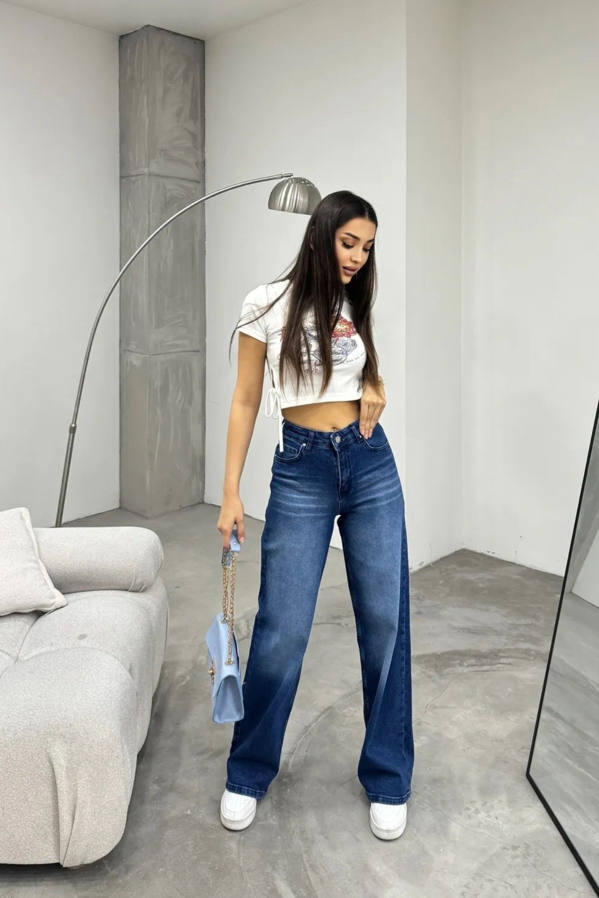 Kadın Yüksek bel Esnek Soluk Efektli Palazzo Jeans Mavi 8