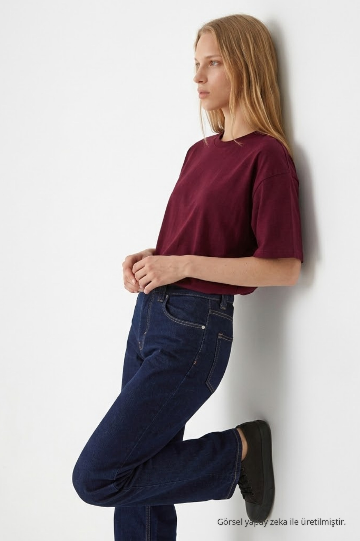 Kadın Bisiklet Yaka Bordo Oversize Tişört 4