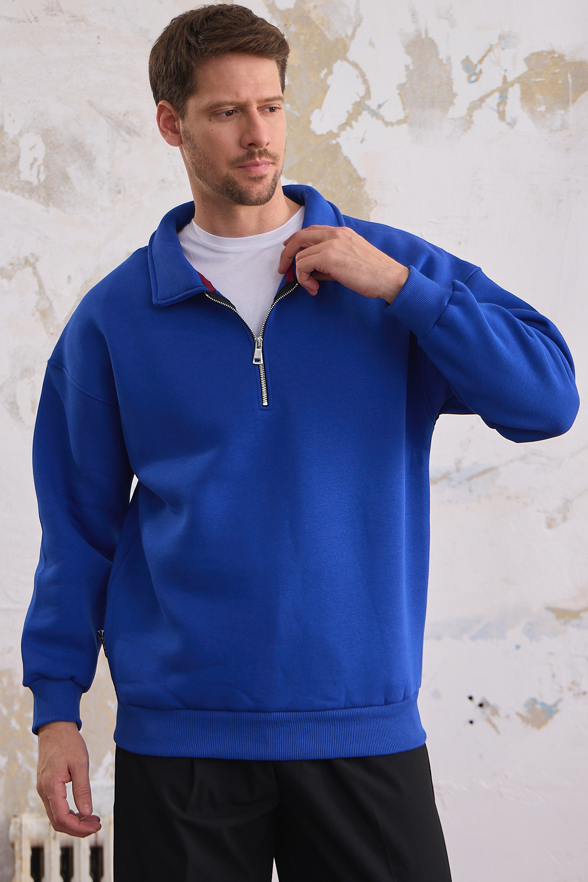 Erkek Yarım Fermuar Rahat Sweatshirt SAKS MAVİ 4