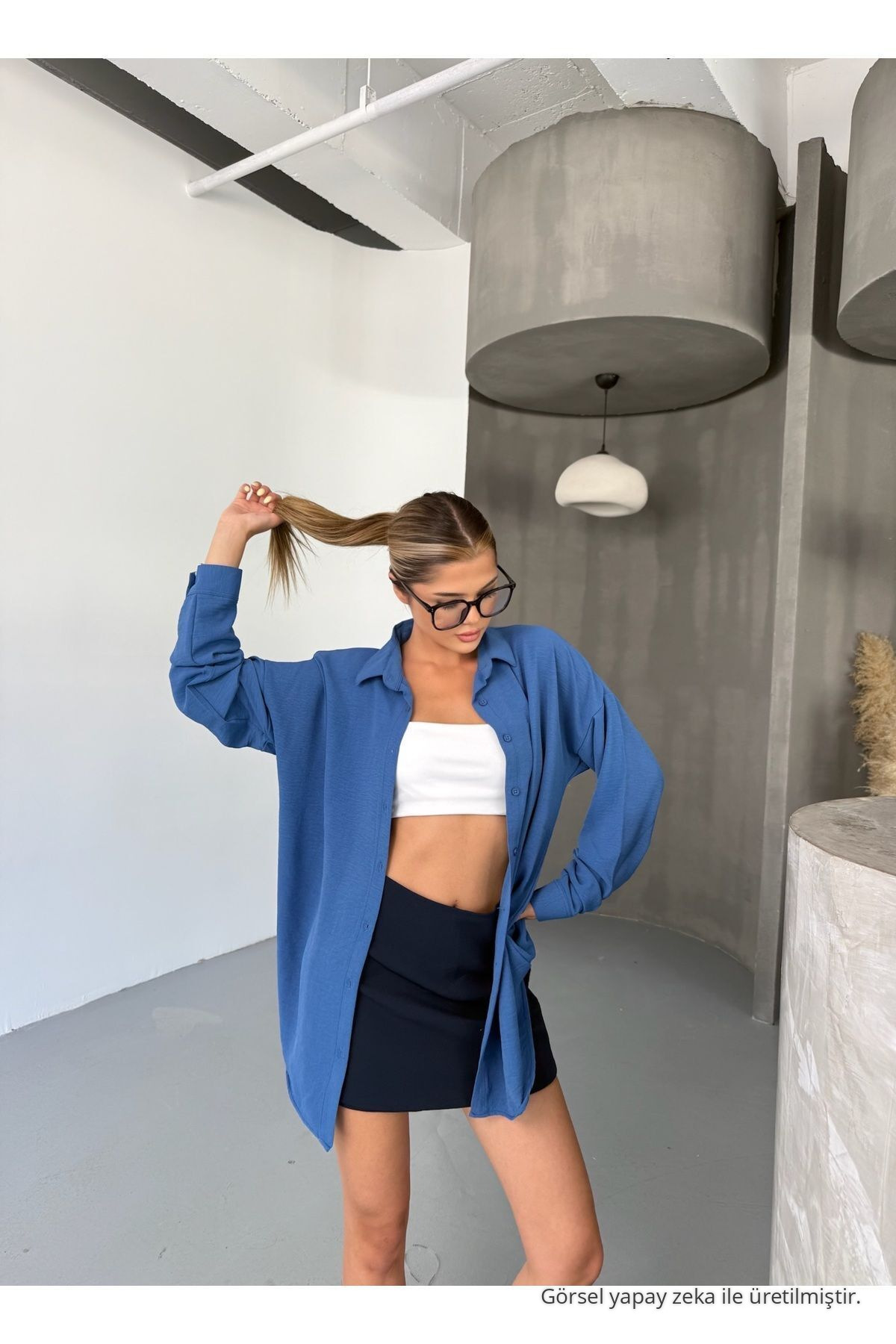 Kadın İNDİGO Oversize Keten Ayrobin Gömlek 8