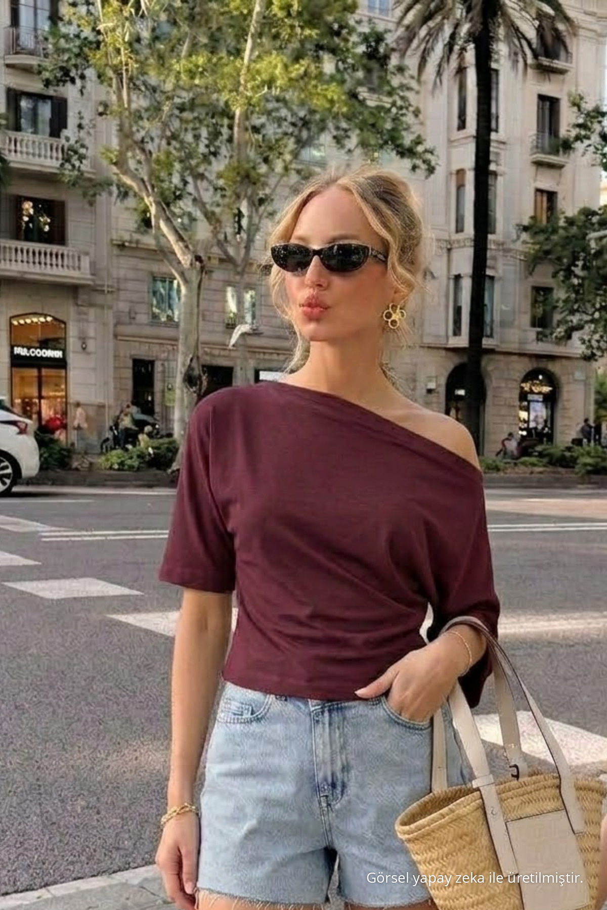 Kadın Omzu Dekolteli Basic Bordo Tişört 3