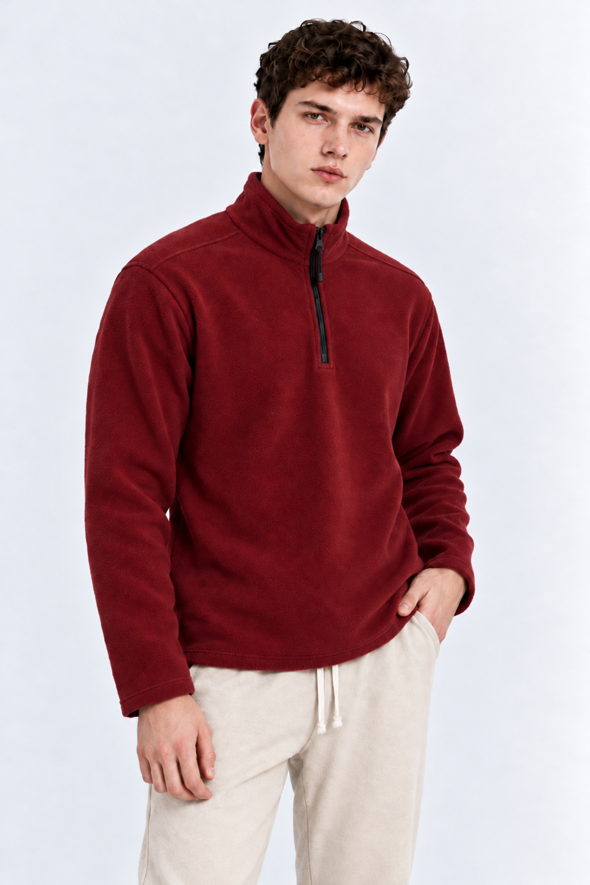 Erkek Yarım Fermuarlı Bol Bordo Sweatshirt 3