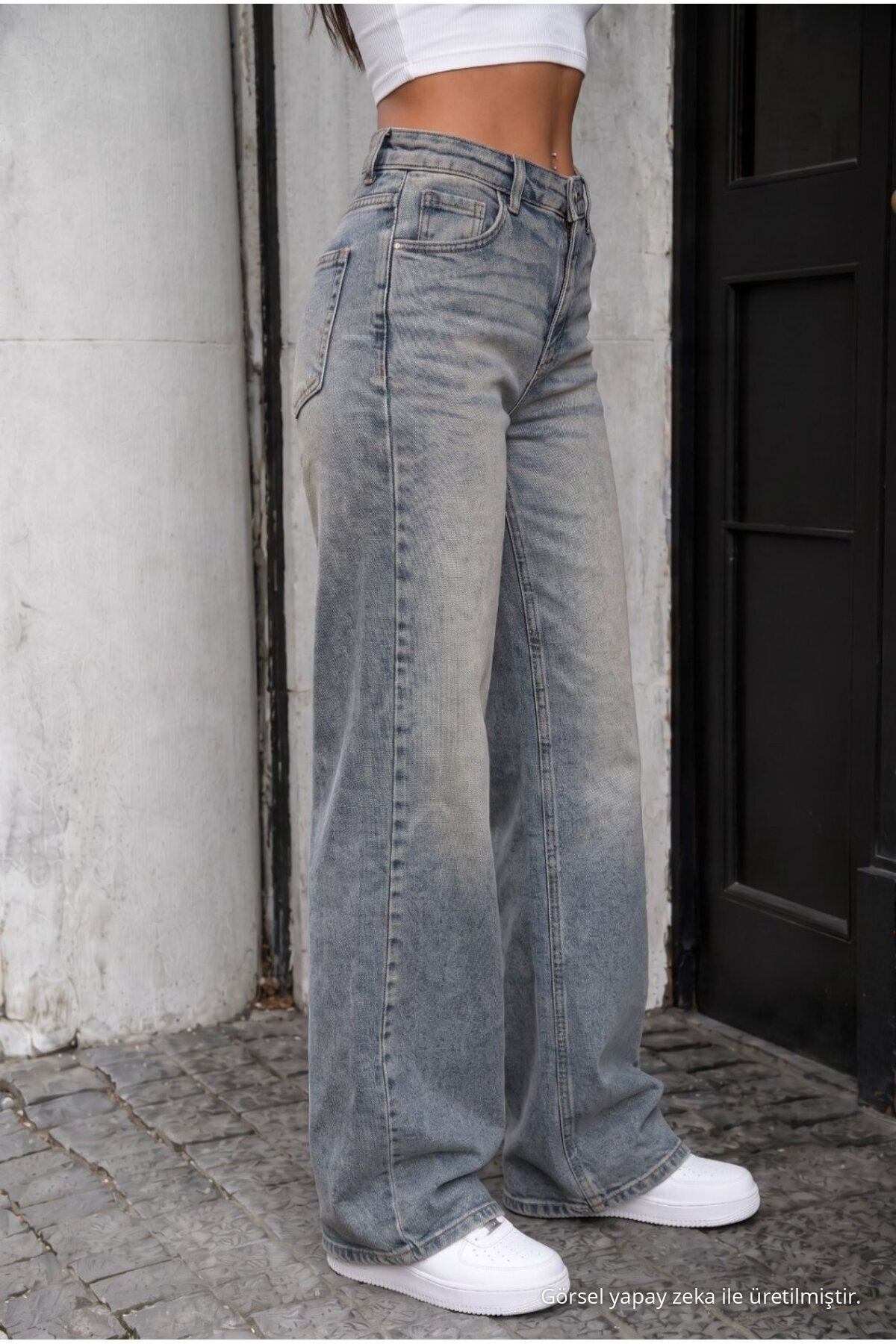 Yüksek Bel Wide Leg Bol Paça Yıkamalı Jean Gök Mavi 3