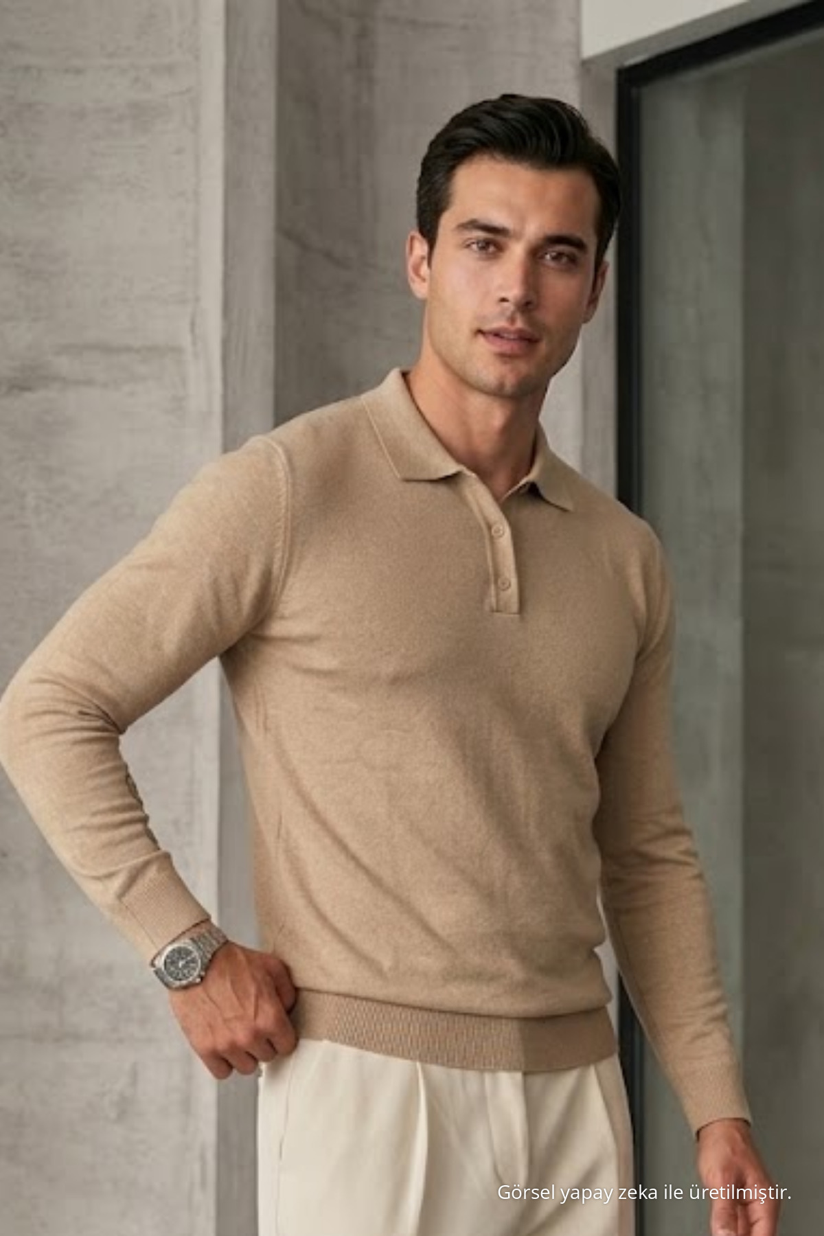 Erkek Casual Loose Reglan Krem Kazak 6