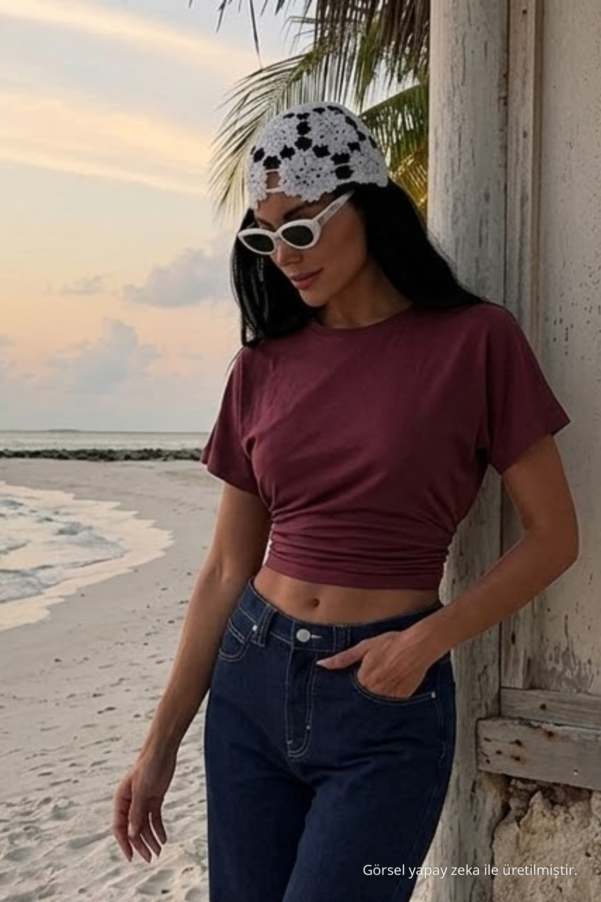 Kadın Yarasa Kollu Dar Bordo Crop Tişört 3