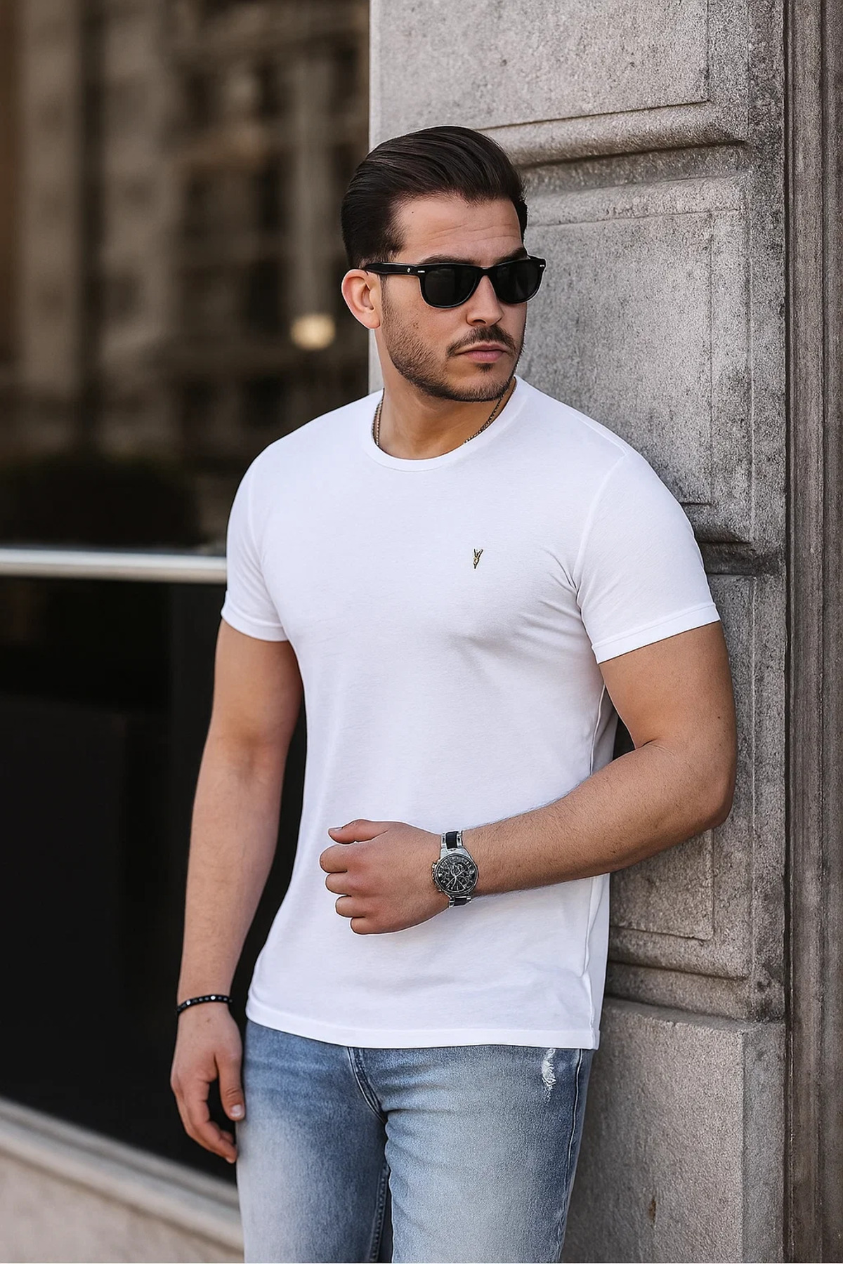Erkek %100 Pamuk Nefes Alan Bisiklet Yaka Standart Fit Normal Kesim T-shirt BEYAZ 5
