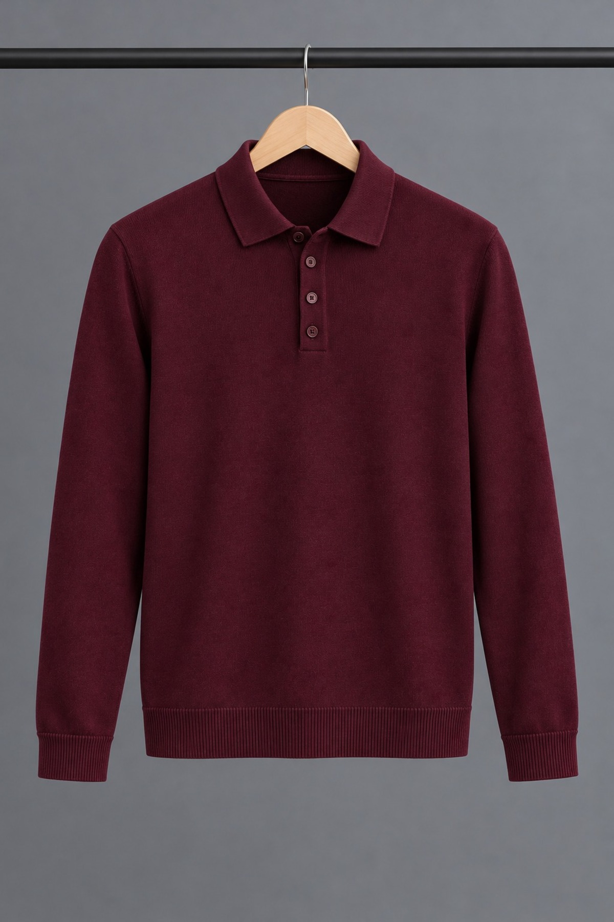 Erkek Polo Yaka Düğmeli Casual Triko Bordo Kazak 6