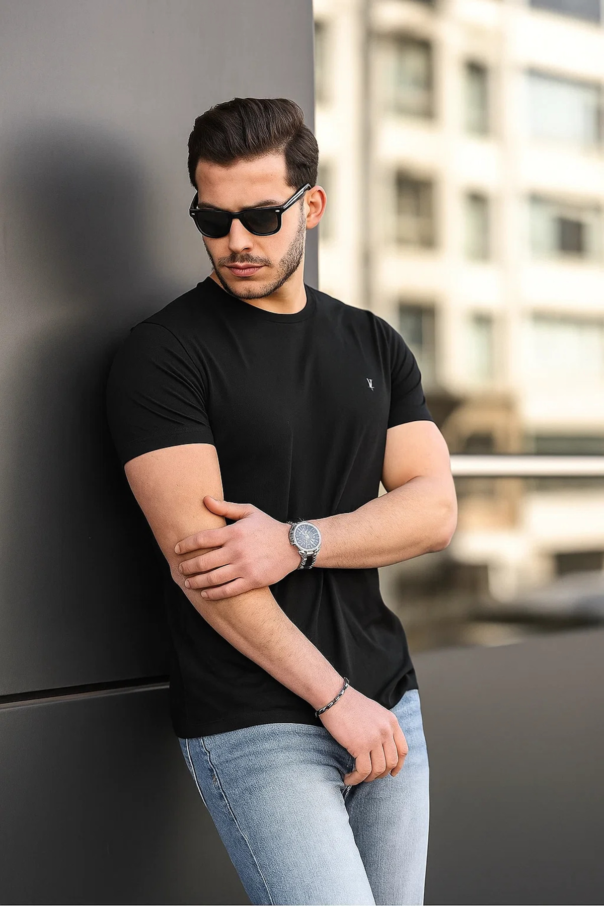 Erkek %100 Pamuk Nefes Alan Bisiklet Yaka Standart Fit Normal Kesim T-shirt SİYAH 4