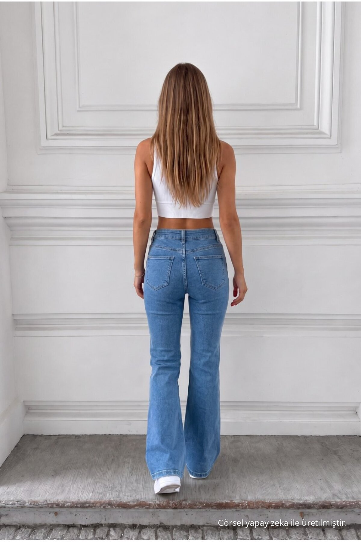 Eskitme Yıkamalı Yüksek Bel Flare/İspanyol Kot Pantolon Mavi 4