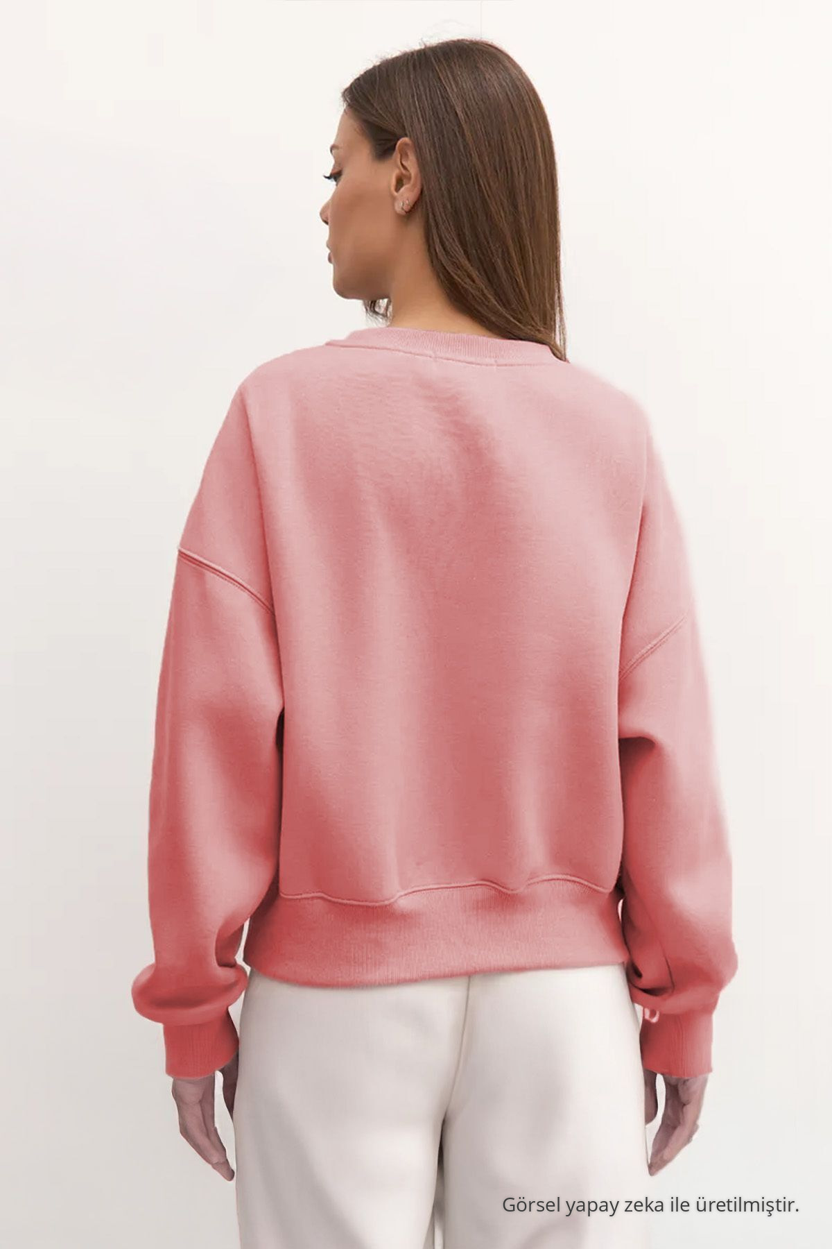 Kadın Basic Oversize Kışlık Pembe Sweatshirt 6