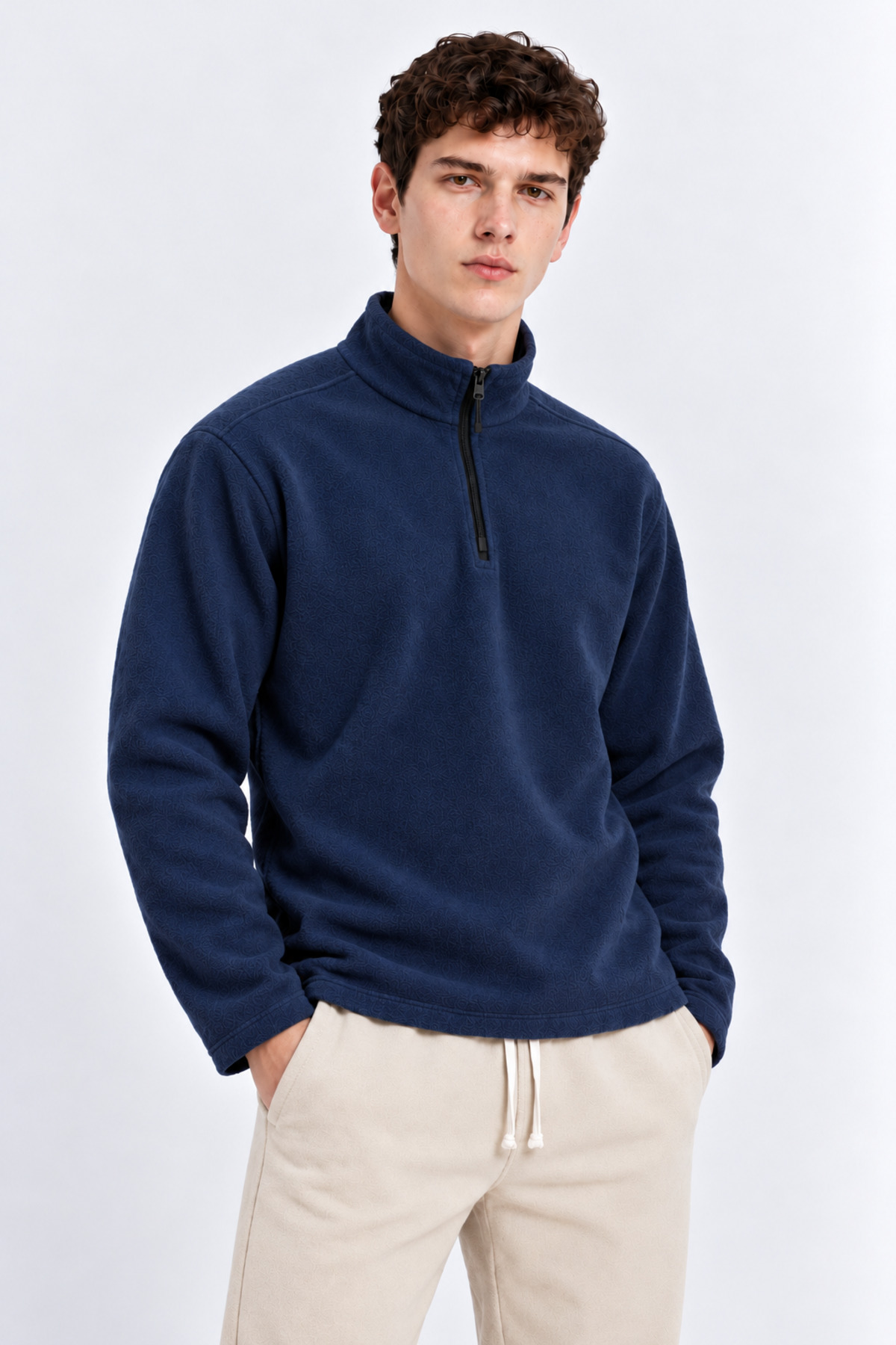 Erkek Yarım Fermuarlı Bol İNDİGO Sweatshirt 5
