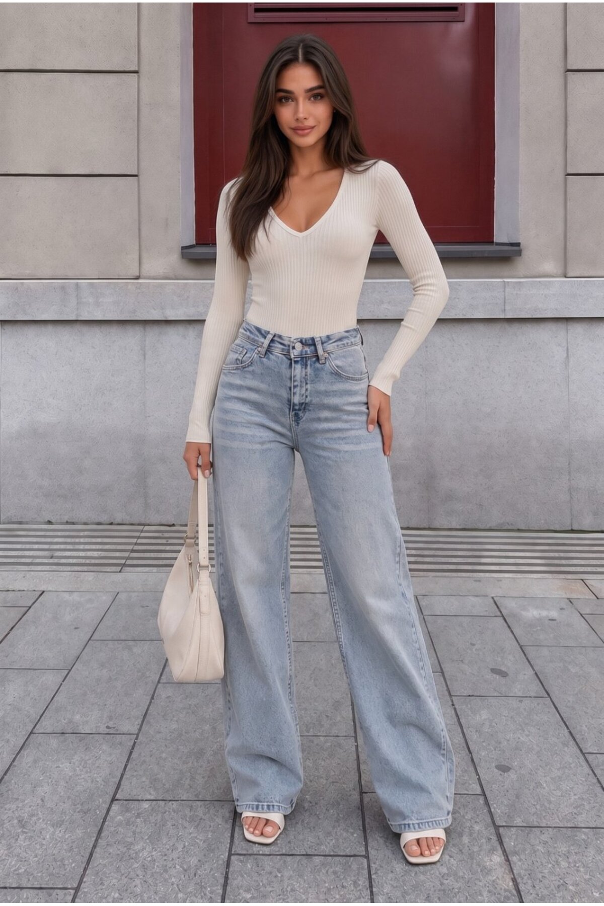 Açık Mavi Efektli Yüksek Bel Esnek Wide Leg Jeans 5