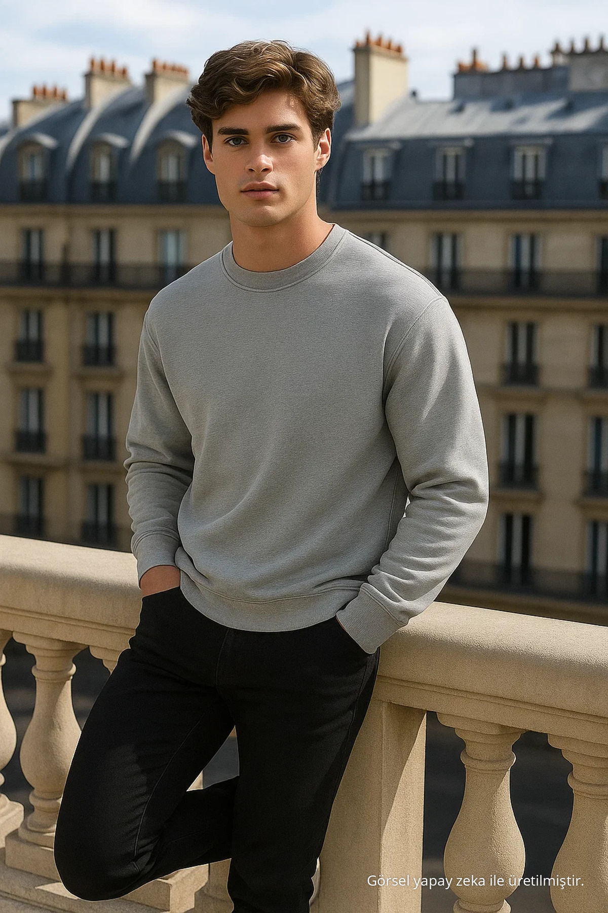 Erkek Bisiklet Yaka Oversize Basic Gri Kazak 3