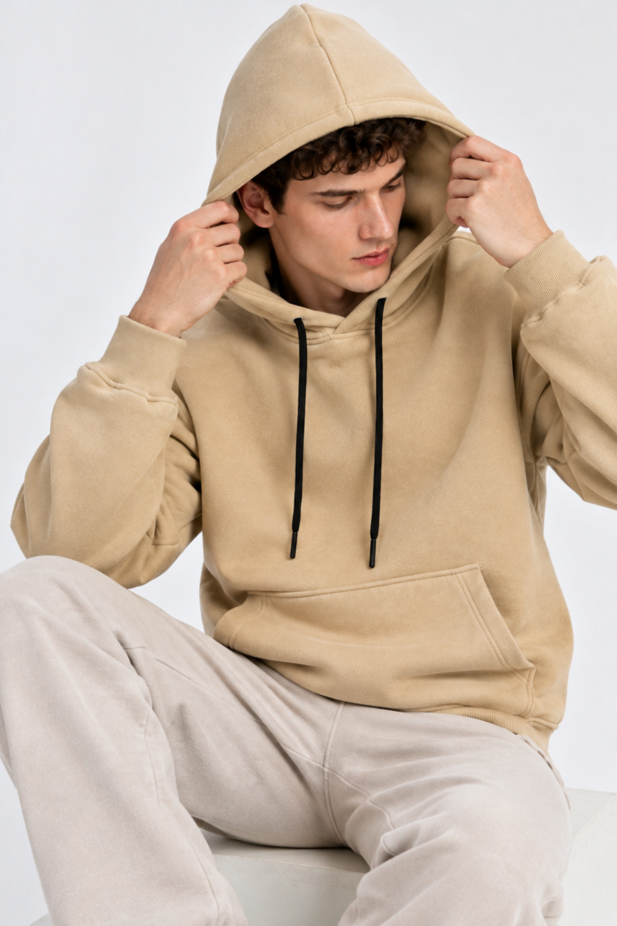 Erkek Bejj Kanguru Cep Kapşonlu Sweatshirt 5