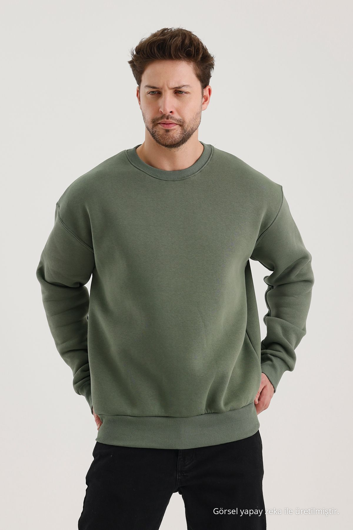 HAKİ Bisiklet Yaka Oversize Şardonlu Basic Erkek Sweatshirt 5