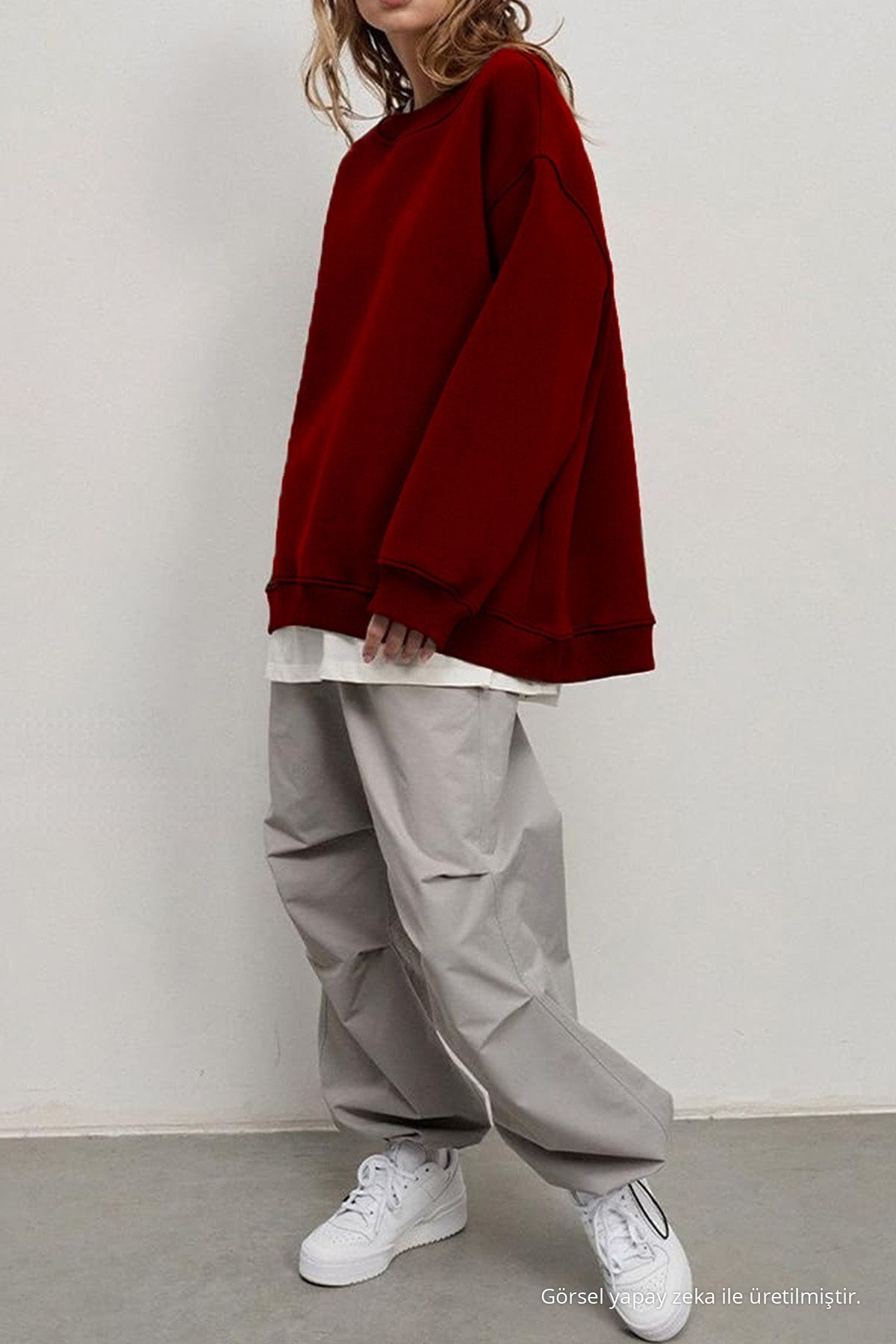 Kadın Bisiklet Yaka İçi Şardonlu, Kışlık Yumuşak Bol Sweatshirt BORDO 5