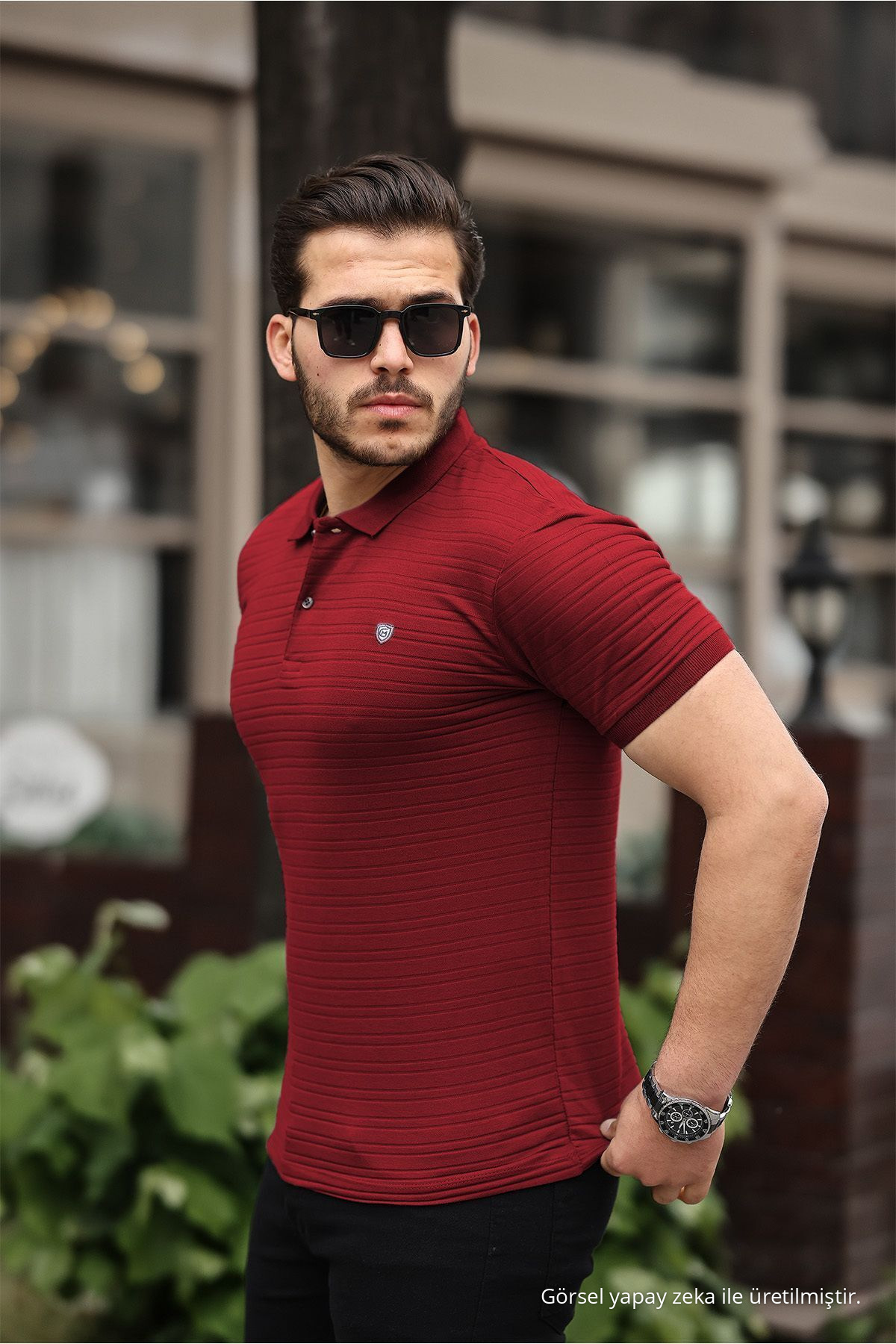 Erkek %100 Pamuklu Kumaş Slim Fit Kesim Bordo Polo Yaka T-shirt 3