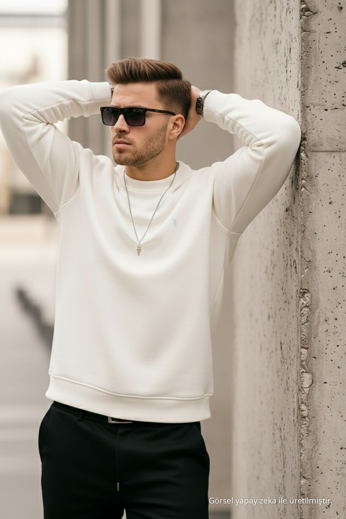 Ekru Renk Basic Bisiklet Yaka Relaxed Regular Erkek Sweatshirt 3