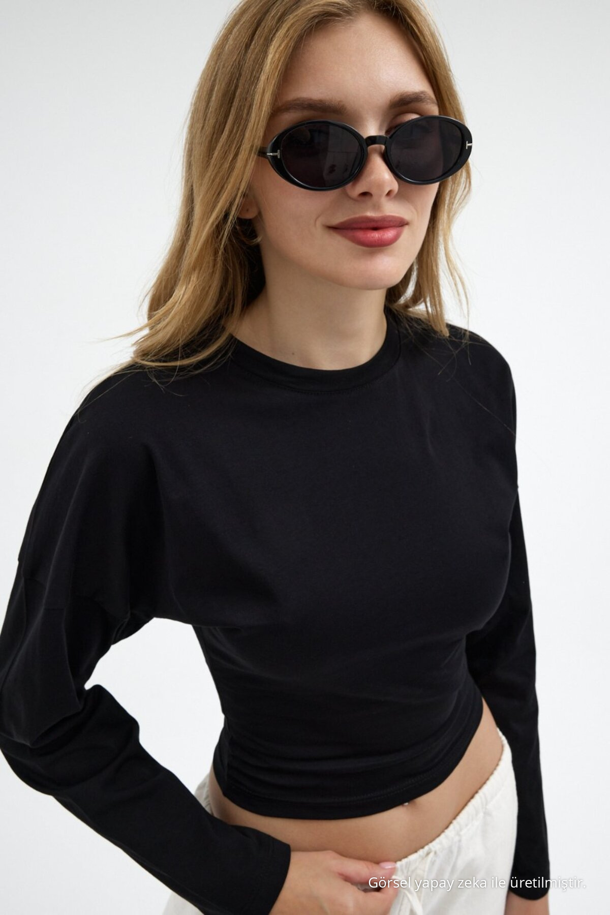 Kadın Uzun Kol Bele Oturan Siyah Crop Bluz 6