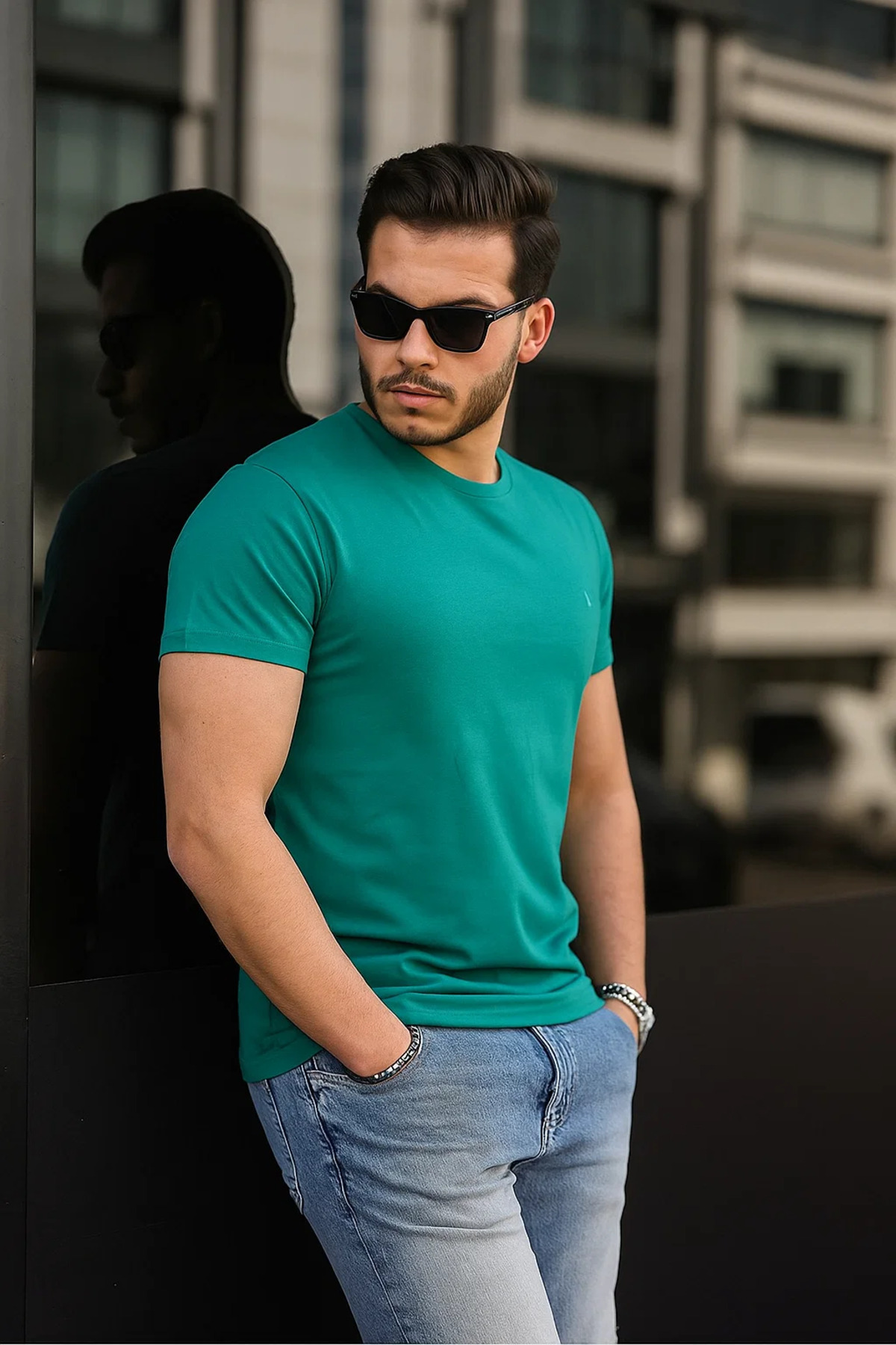 Erkek %100 Pamuk Nefes Alan Bisiklet Yaka Standart Fit Normal Kesim T-shirt KOYU YEŞİL 5