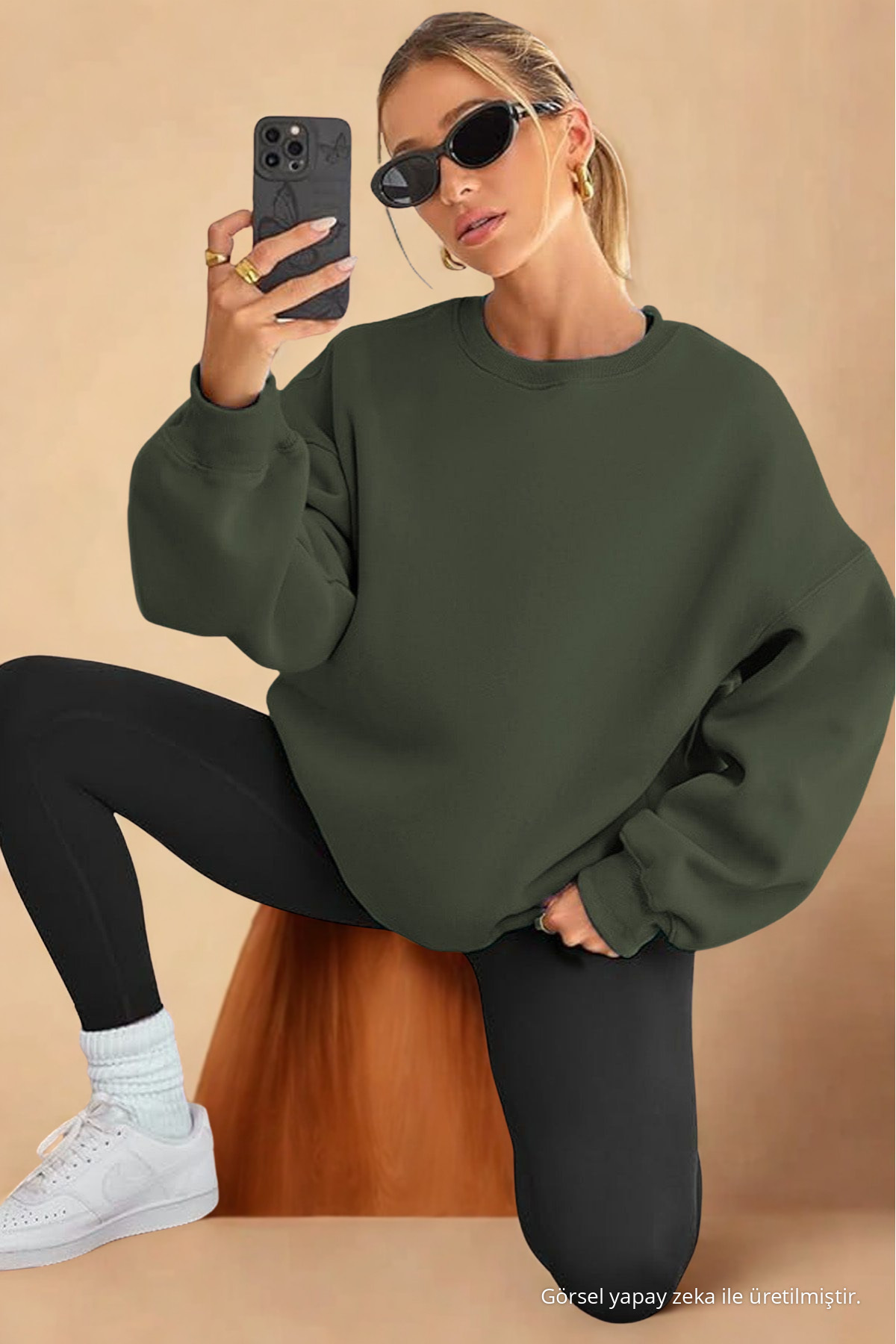 Kadın Bisiklet Yaka Basic Oversize Sweatshirt KOYU ÇAĞLA 5