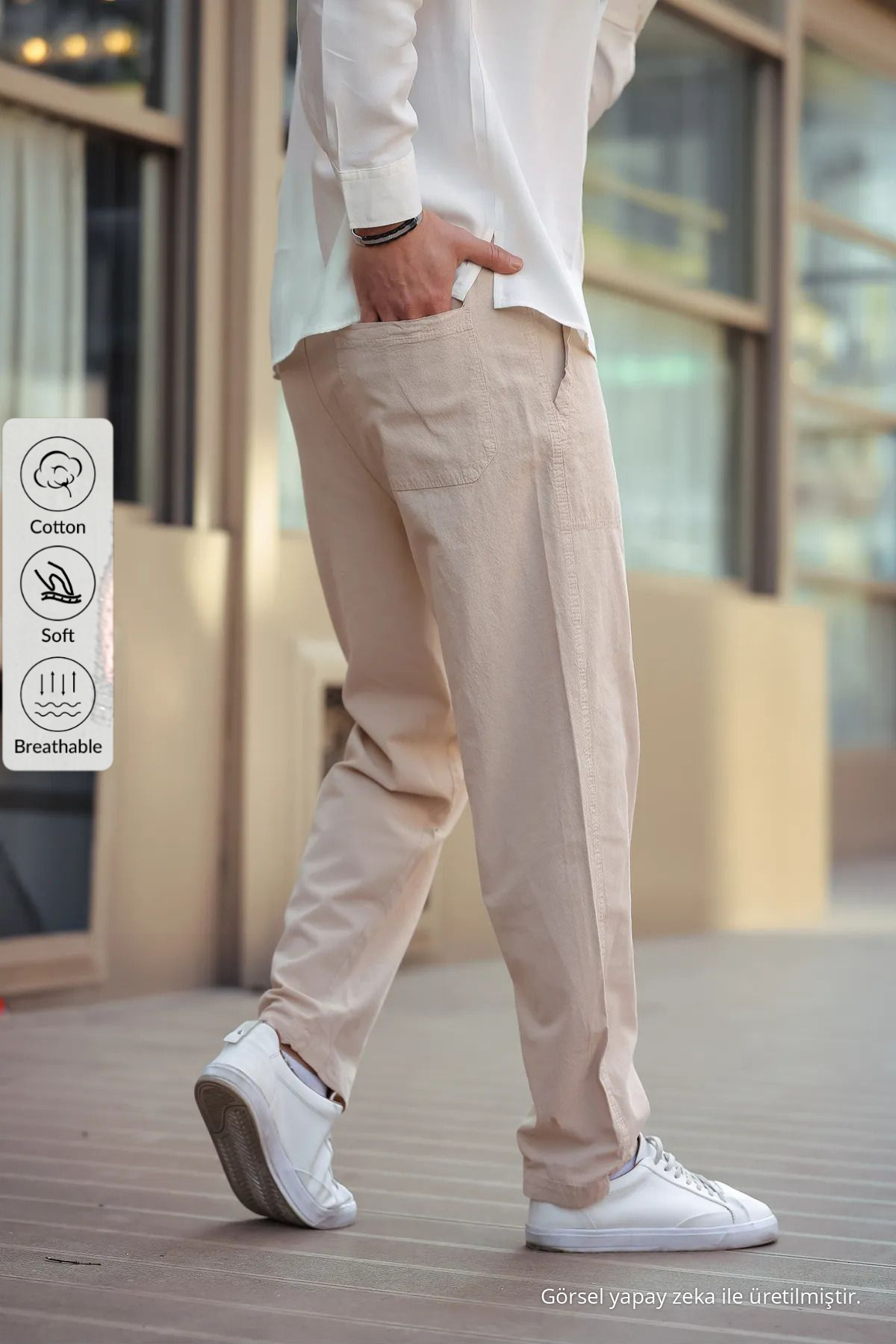 Bej Renk Erkek Yazlık Keten Karışımı Relaxed Pantolon Bej 4