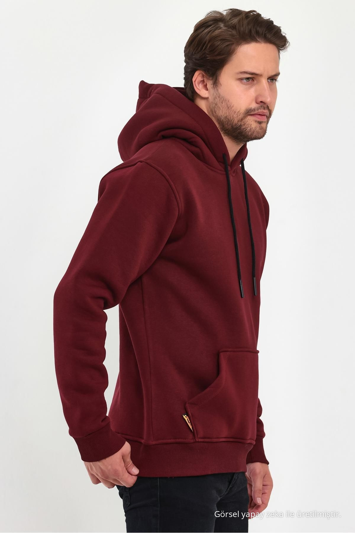 Erkek Bordo Standart Fit Normal Kesim İçi Polarlı Kapüşonlu Kanguru Cepli Pamuklu Sweatshirt 3