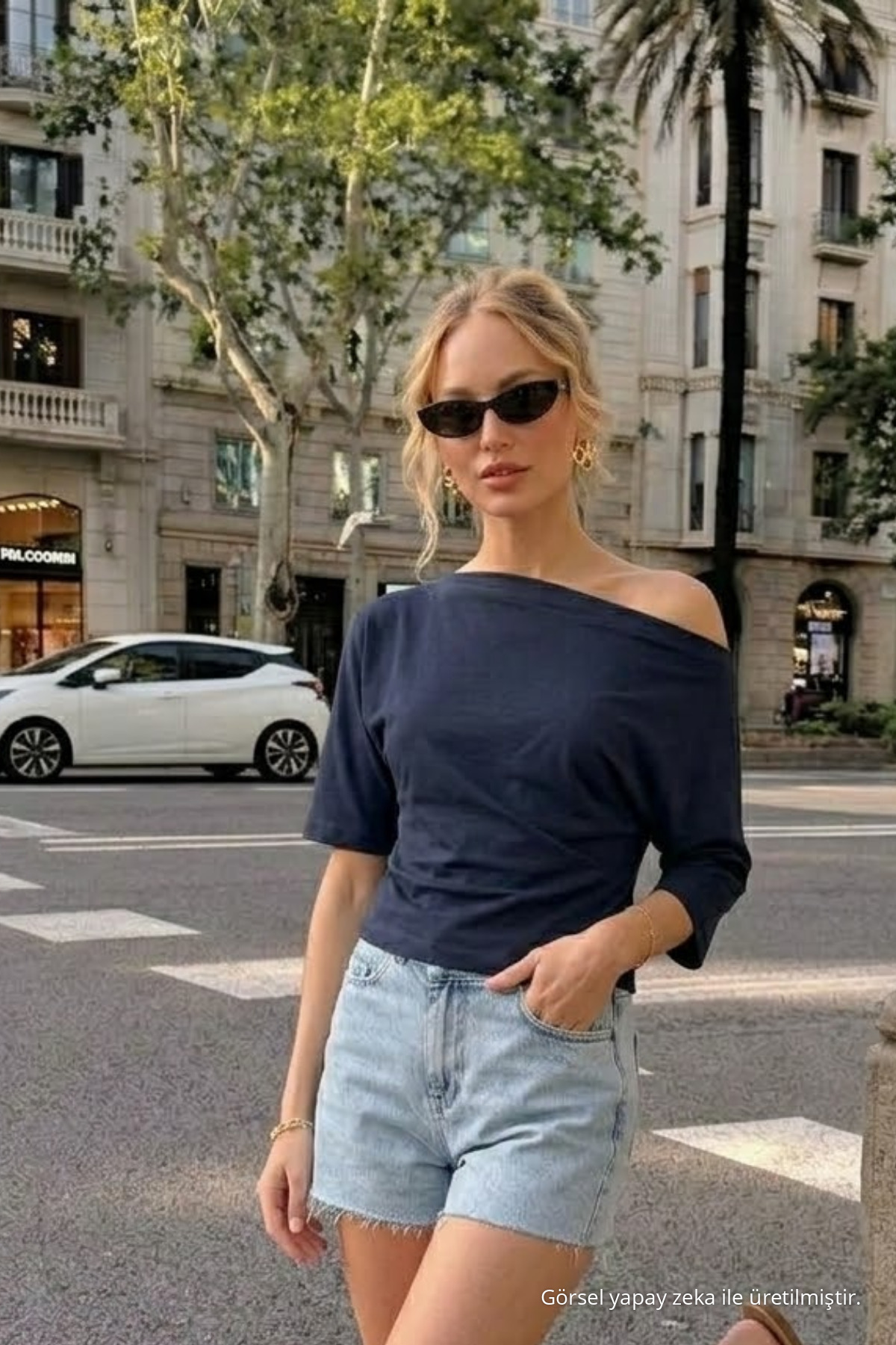 Kadın Omzu Dekolteli Basic Lacivert Tişört 3