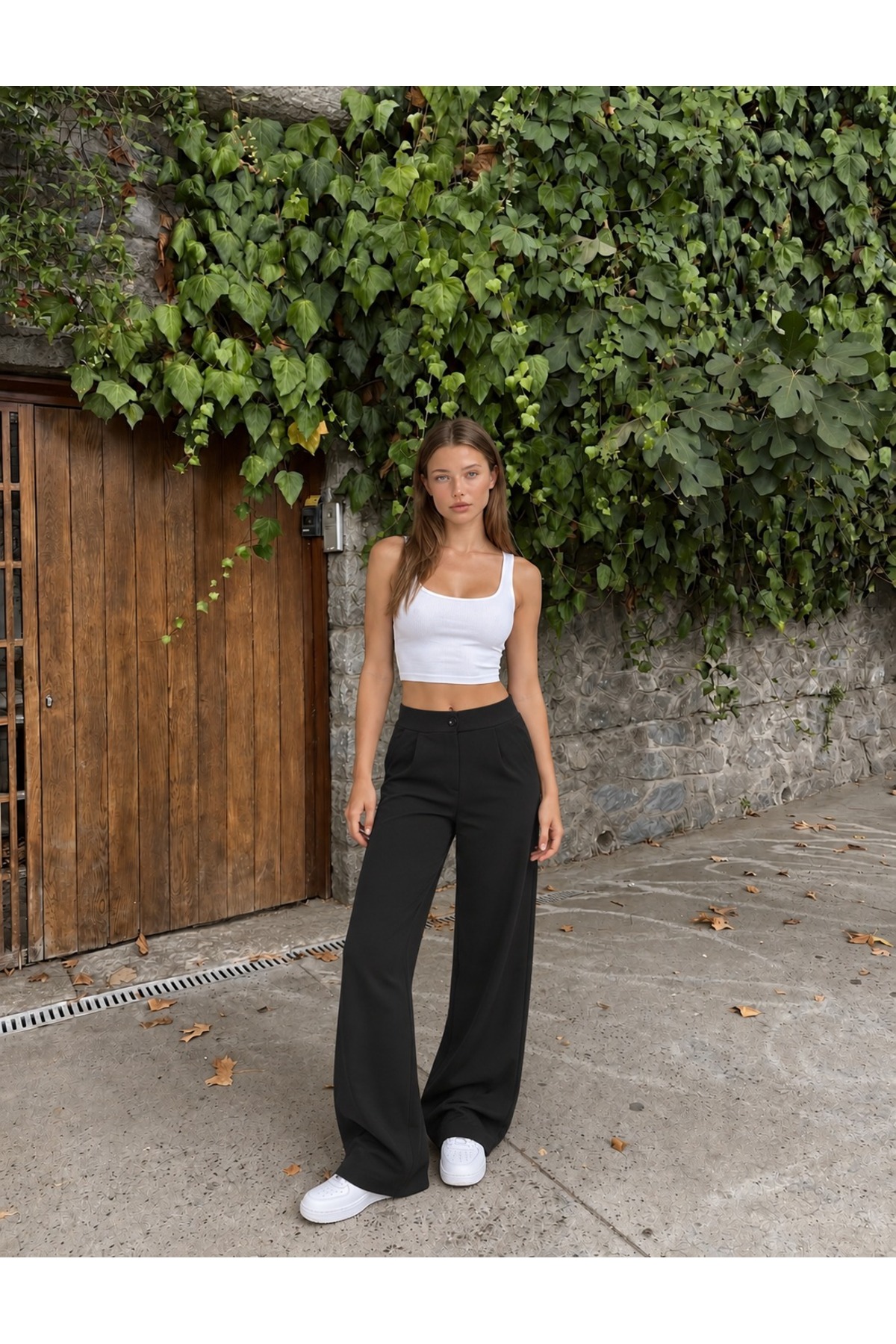 Yüksek Bel Wide Leg Bol Paça Düğmeli Kumaş Pantolon SİYAH 5