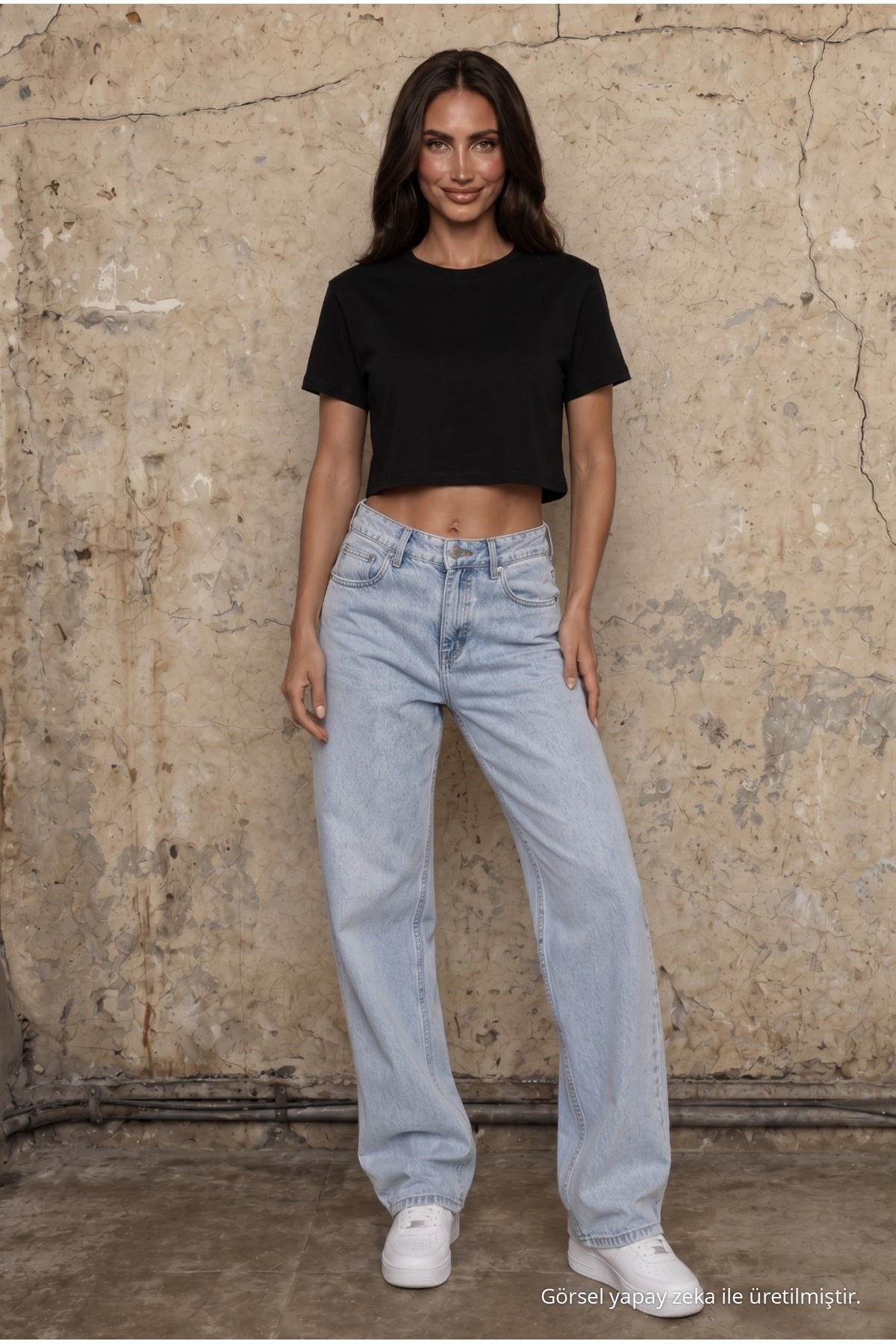 Kadın Yuvarlak Yaka Relaxed Fit Kısa Kol Basic Crop T-Shirt SİYAH 7