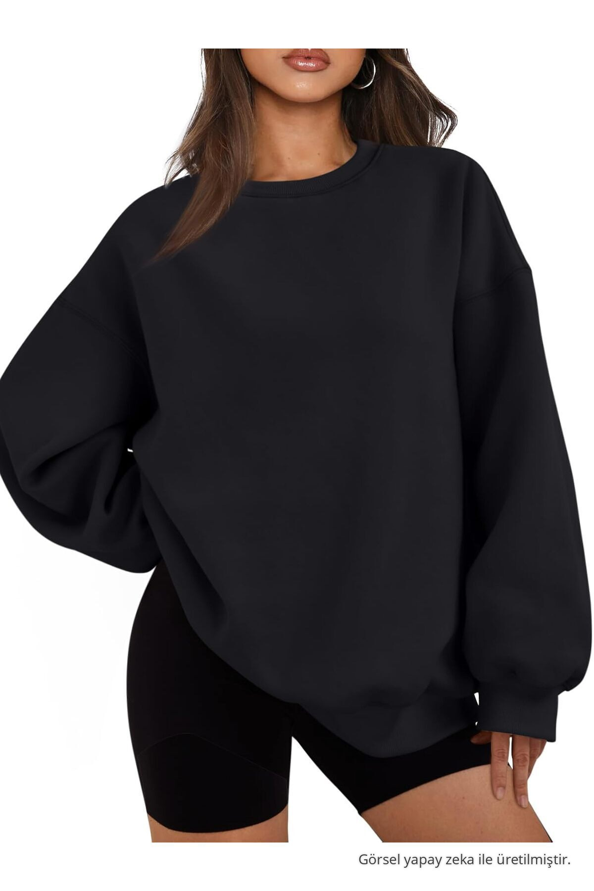 Kadın Bisiklet Yaka Basic Oversize Sweatshirt SİYAH 4