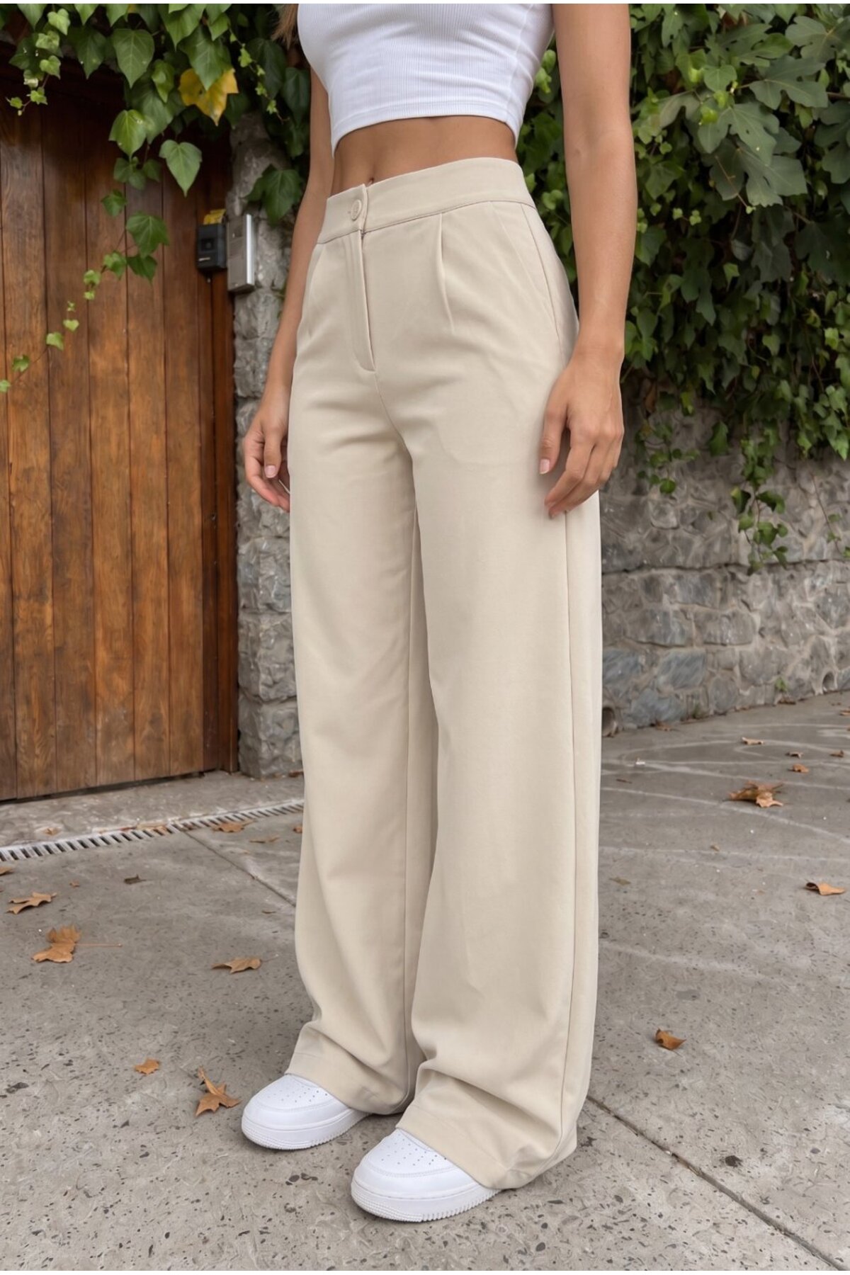 Yüksek Bel Wide Leg Bol Paça Düğmeli Kumaş Pantolon BEJ 3