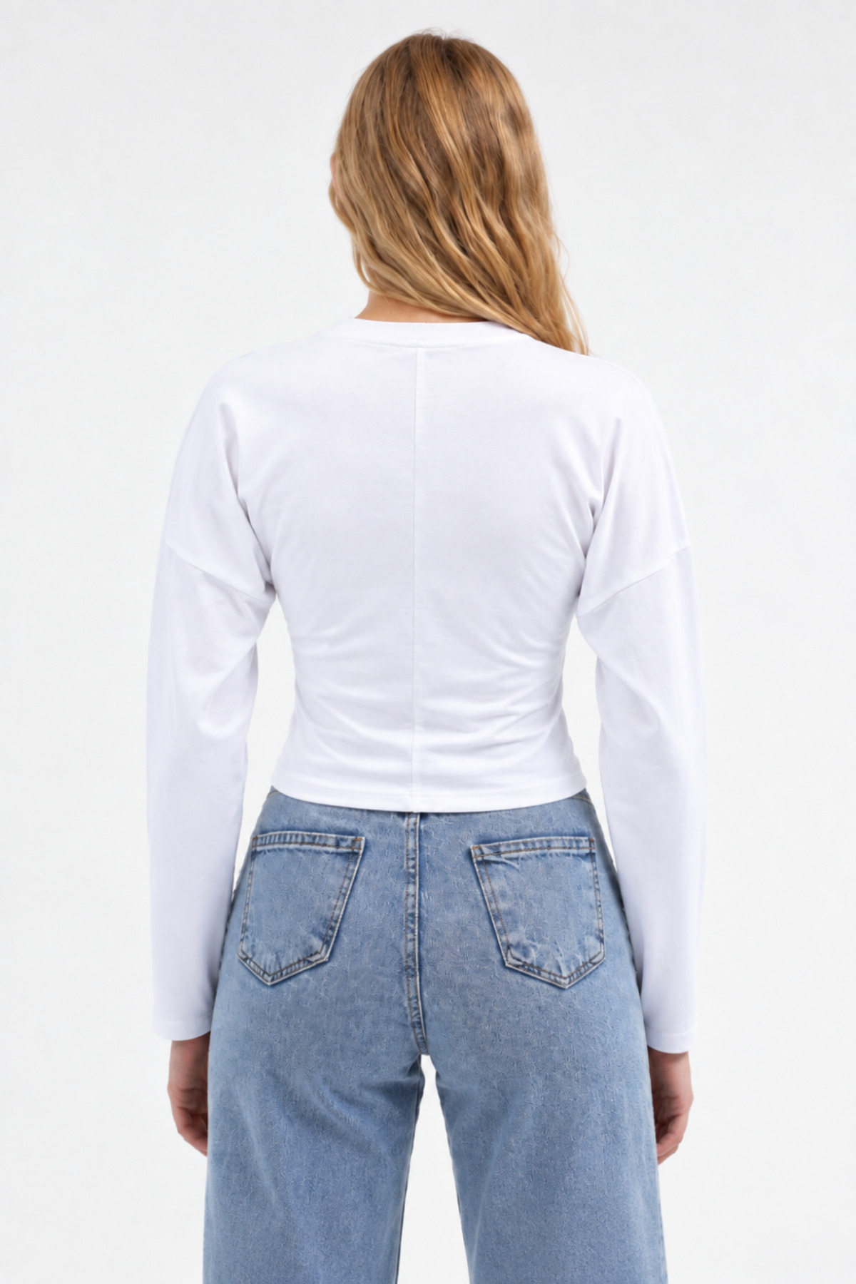 Beyaz Bisiklet Yaka Uzun Kollu Crop Bluz 3