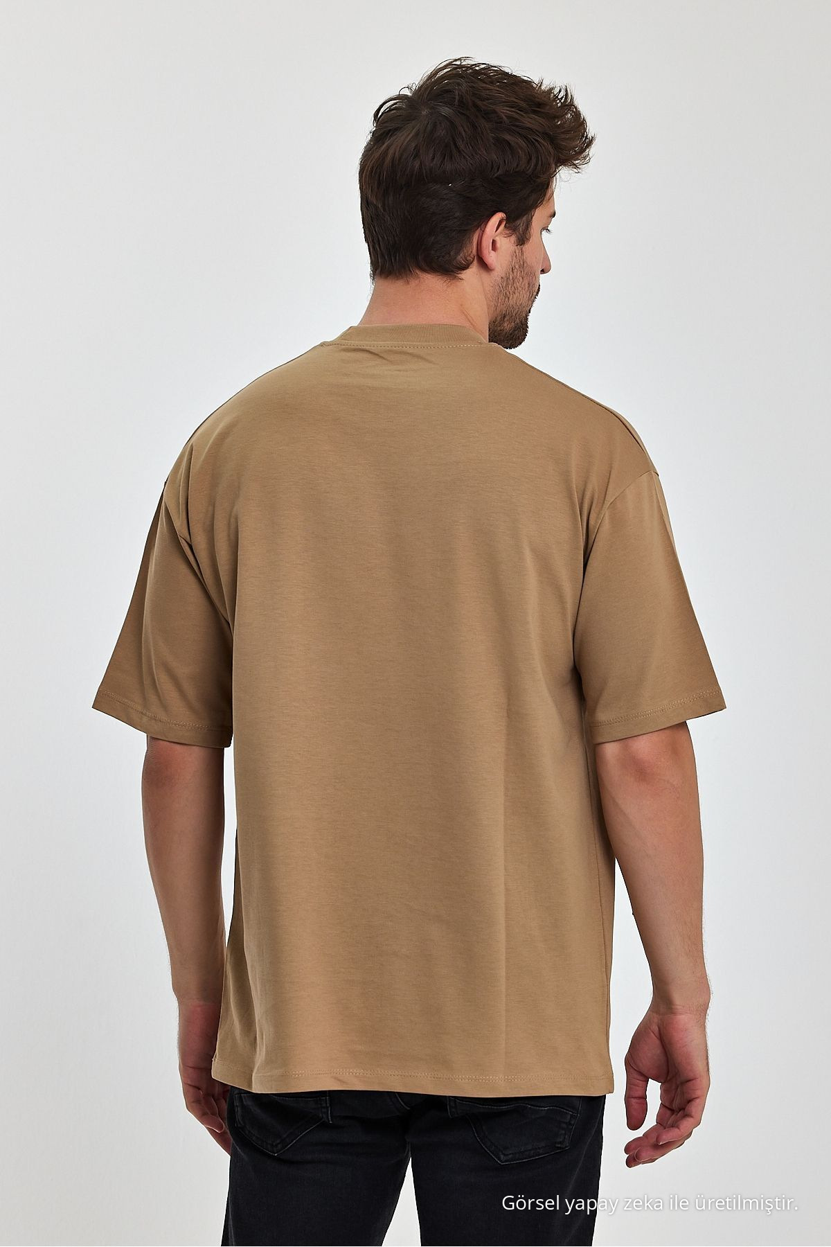 Erkek Oversize Fit Kalın Kumaş Dokulu Bisiklet Yaka T-shirt KARAMEL 8