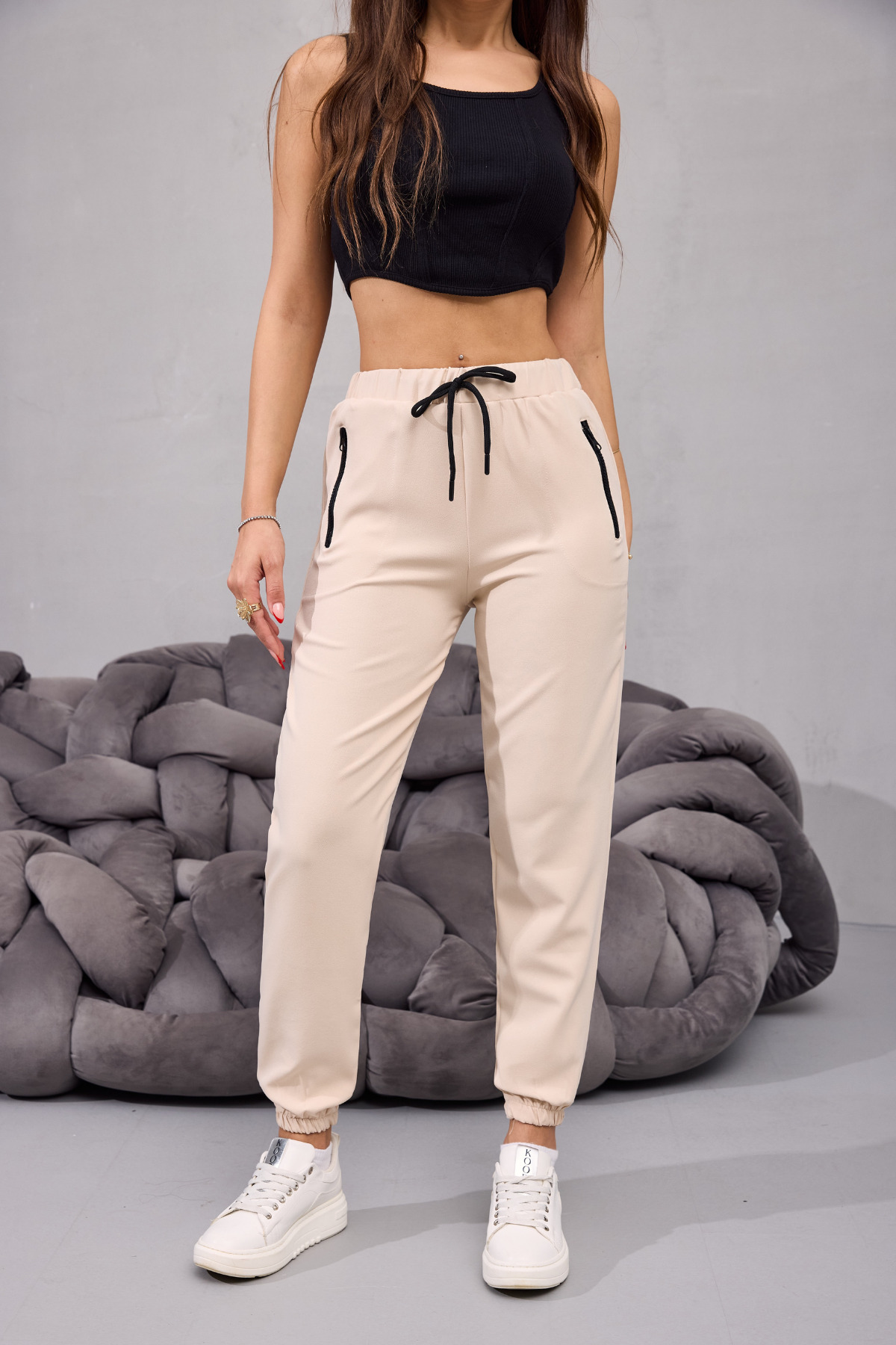 Kadın Yüksek Bel Likralı Rahat Kumaş Jogger Beli Lastikli Pantolon BEJ 3