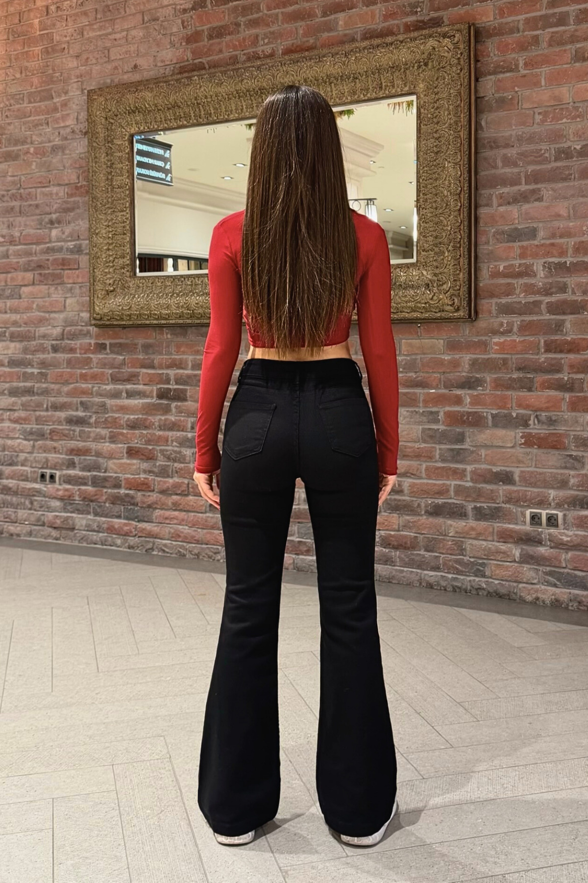 Kadın Yüksek Bel Likralı/Esnek İspanyol Paça Pantolon Siyah 5