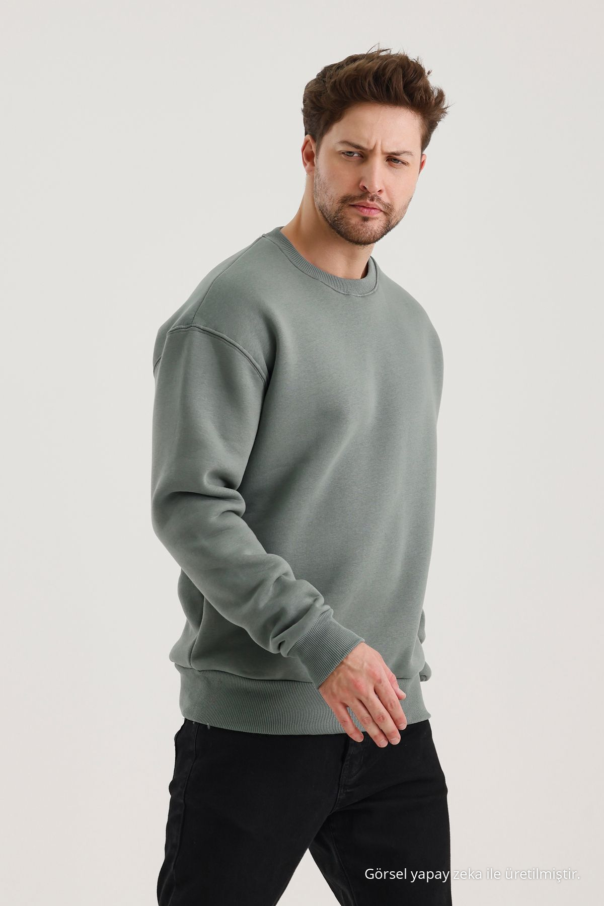Küf Rengi Bisiklet Yaka Oversize Şardonlu Basic Erkek Sweatshirt KÜF RENGİ 7