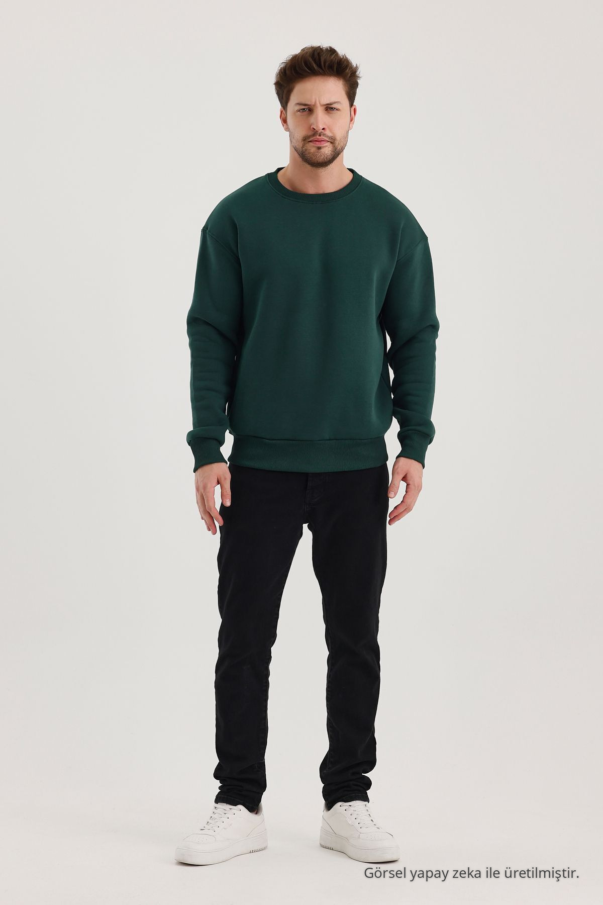 KOYU YEŞİL Bisiklet Yaka Oversize Şardonlu Basic Erkek Sweatshirt 7