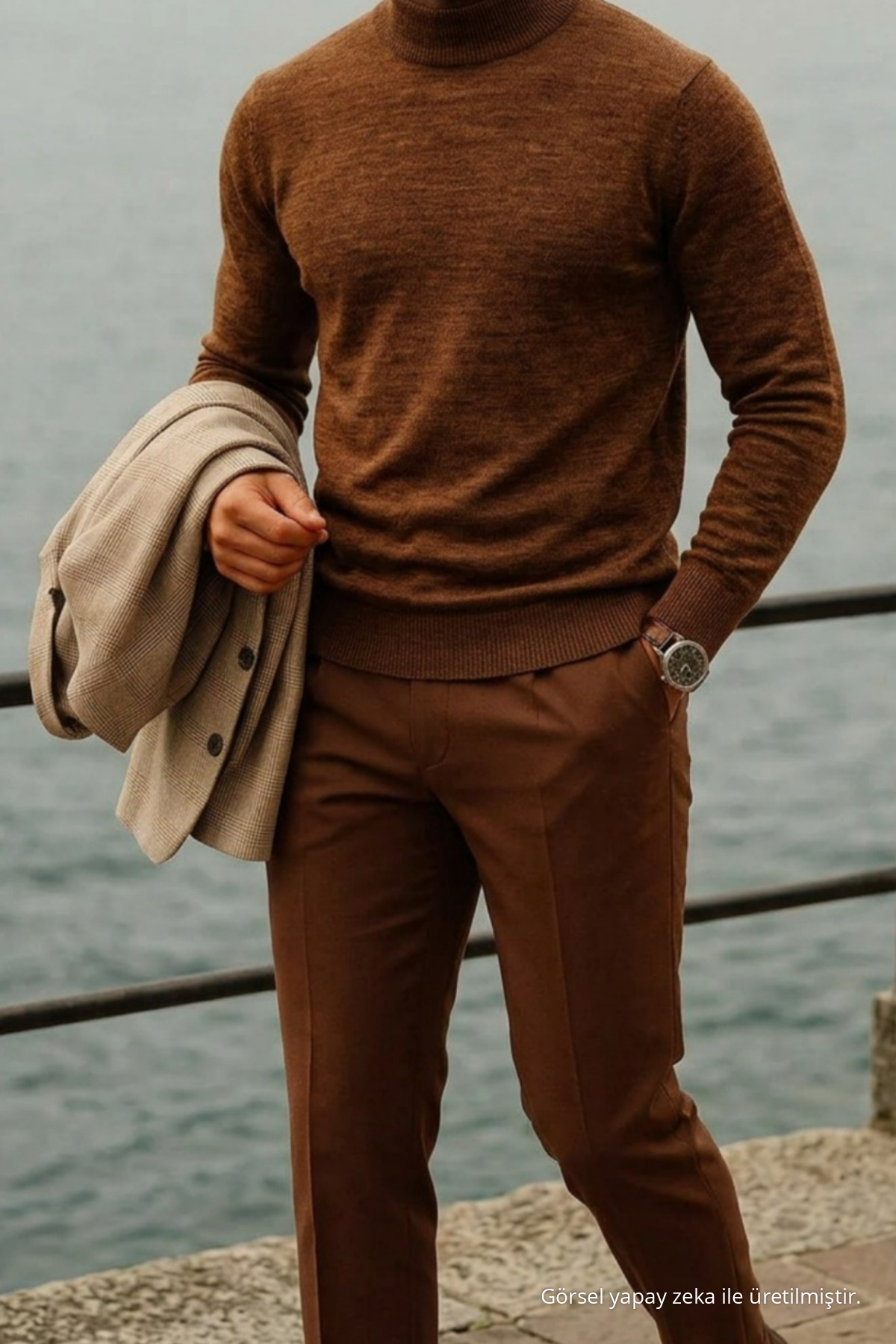 Erkek Boğazlı Casual Kahve Triko Kazak 5