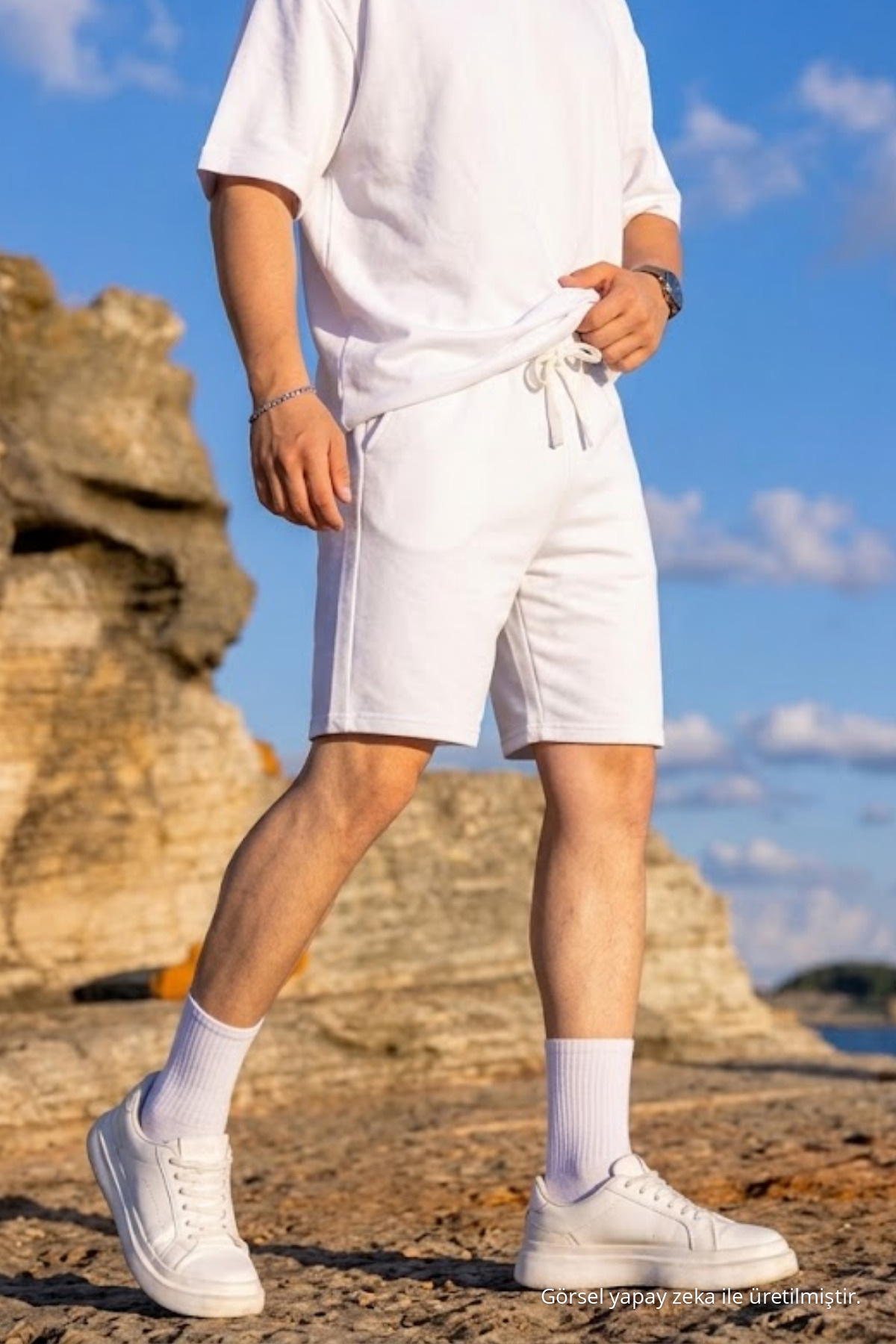 Erkek Pamuklu Casual Cepli Bol Beyaz Şort 5