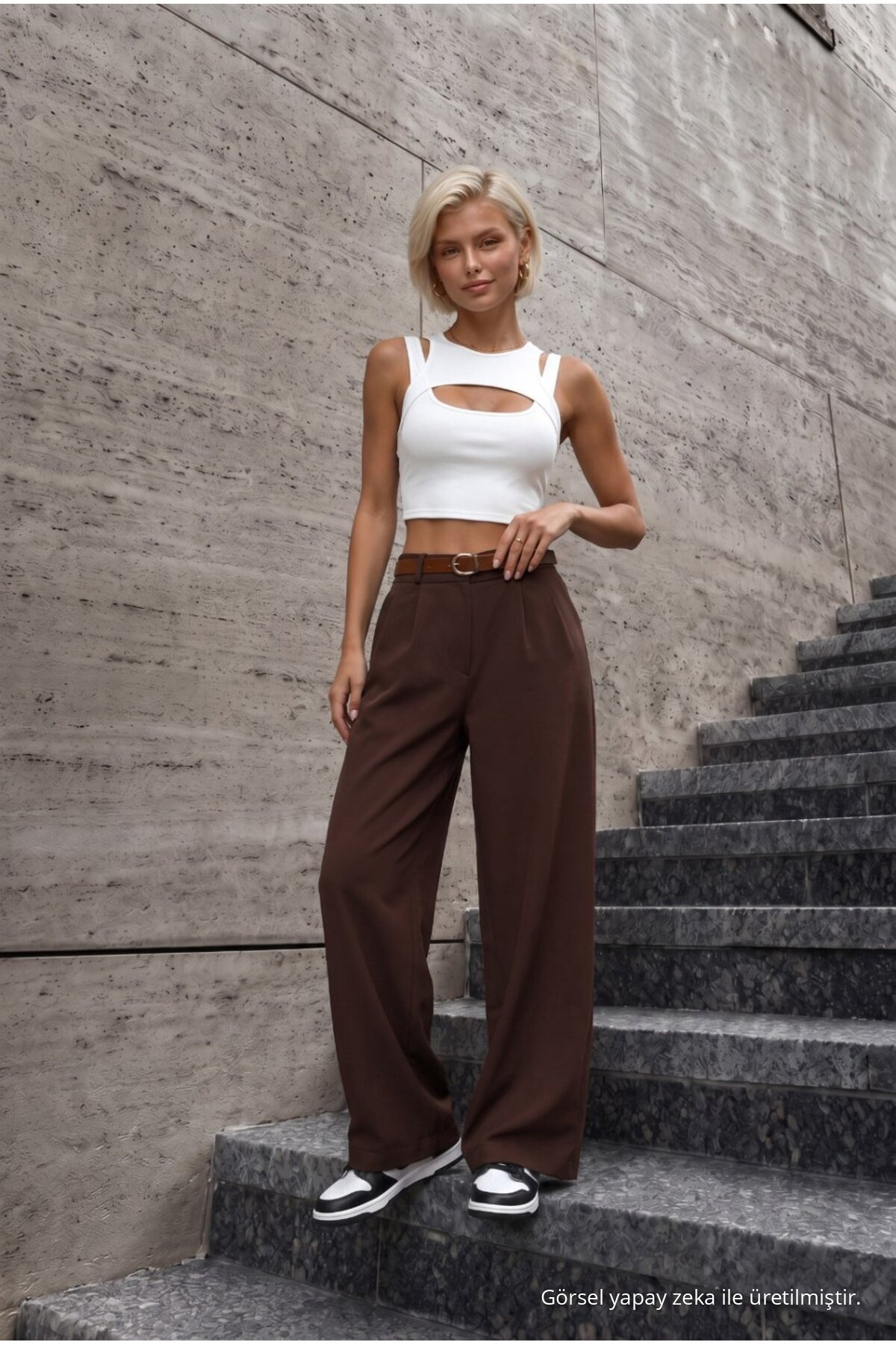 Kadın Kemerli Oversize Salaş Beli Lastikli Palazzo Pantolon KAHVE 5