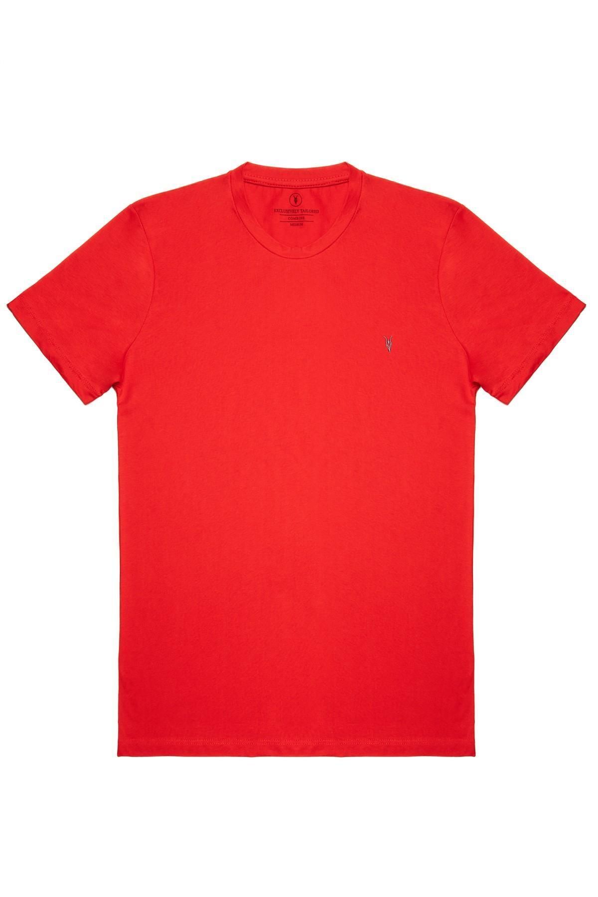 Erkek KIRMIZI %100 Pamuk Slim Fit Bisiklet Yaka Kısa Kollu Tişört 5