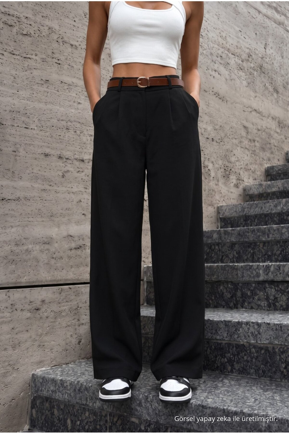 Kadın Kemerli Oversize Salaş Beli Lastikli Palazzo Pantolon SİYAH 4