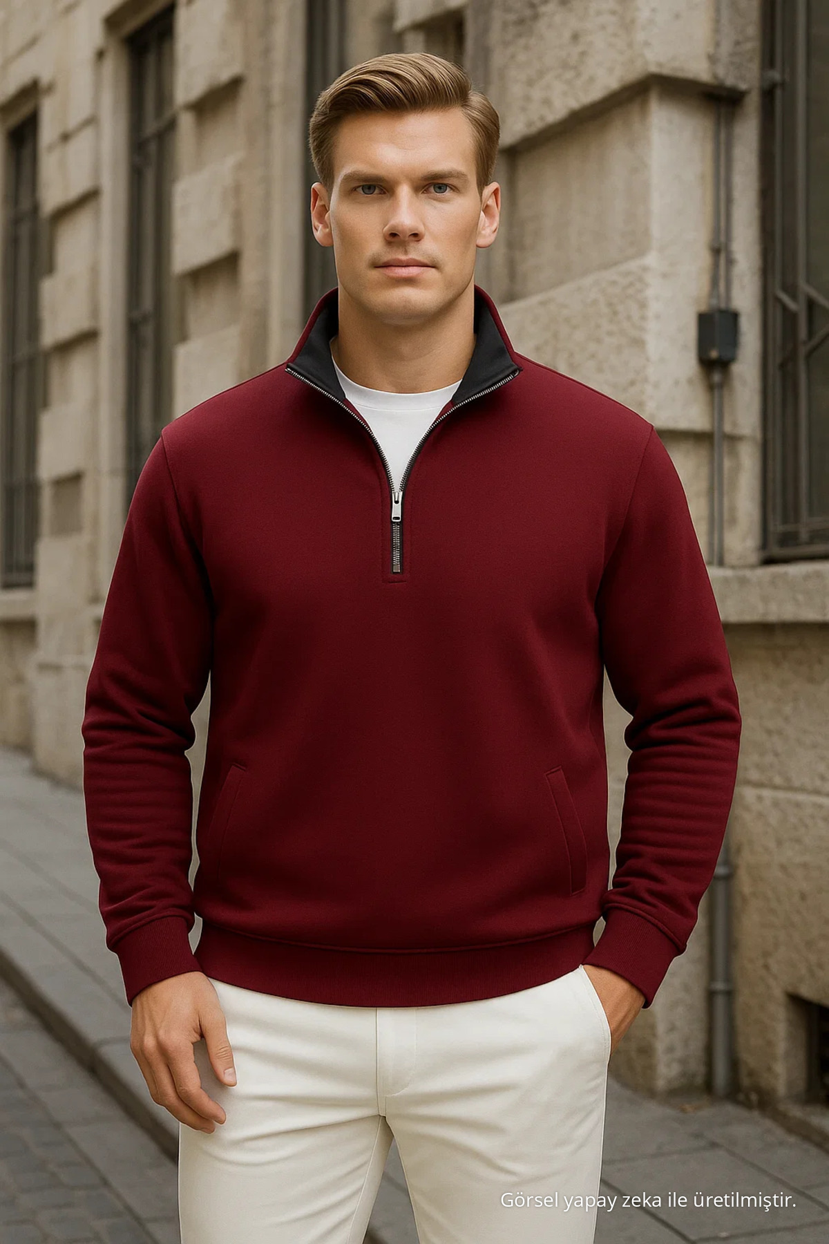Erkek Basic Bordo Yarım Fermuarlı Sweatshirt 4