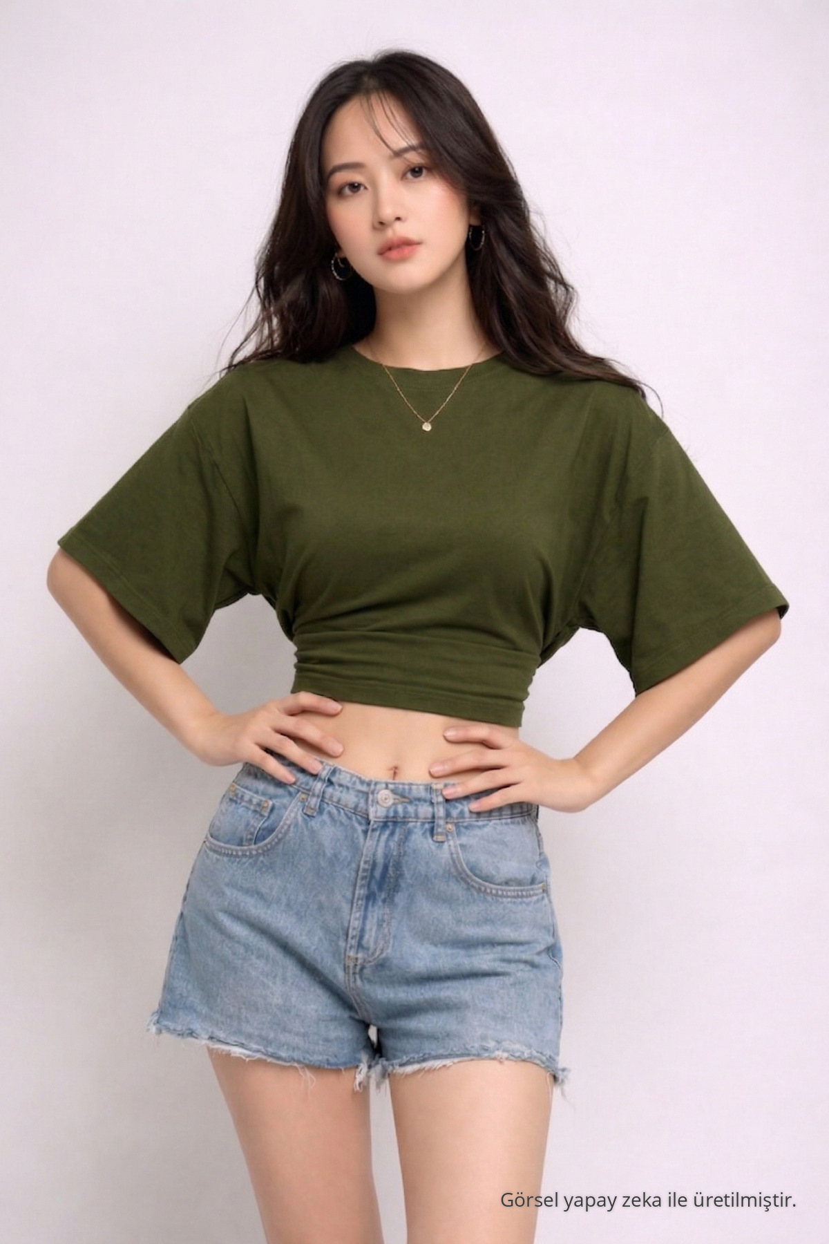 Kadın Yazlık Kısa Kollu Haki Crop Bluz 4