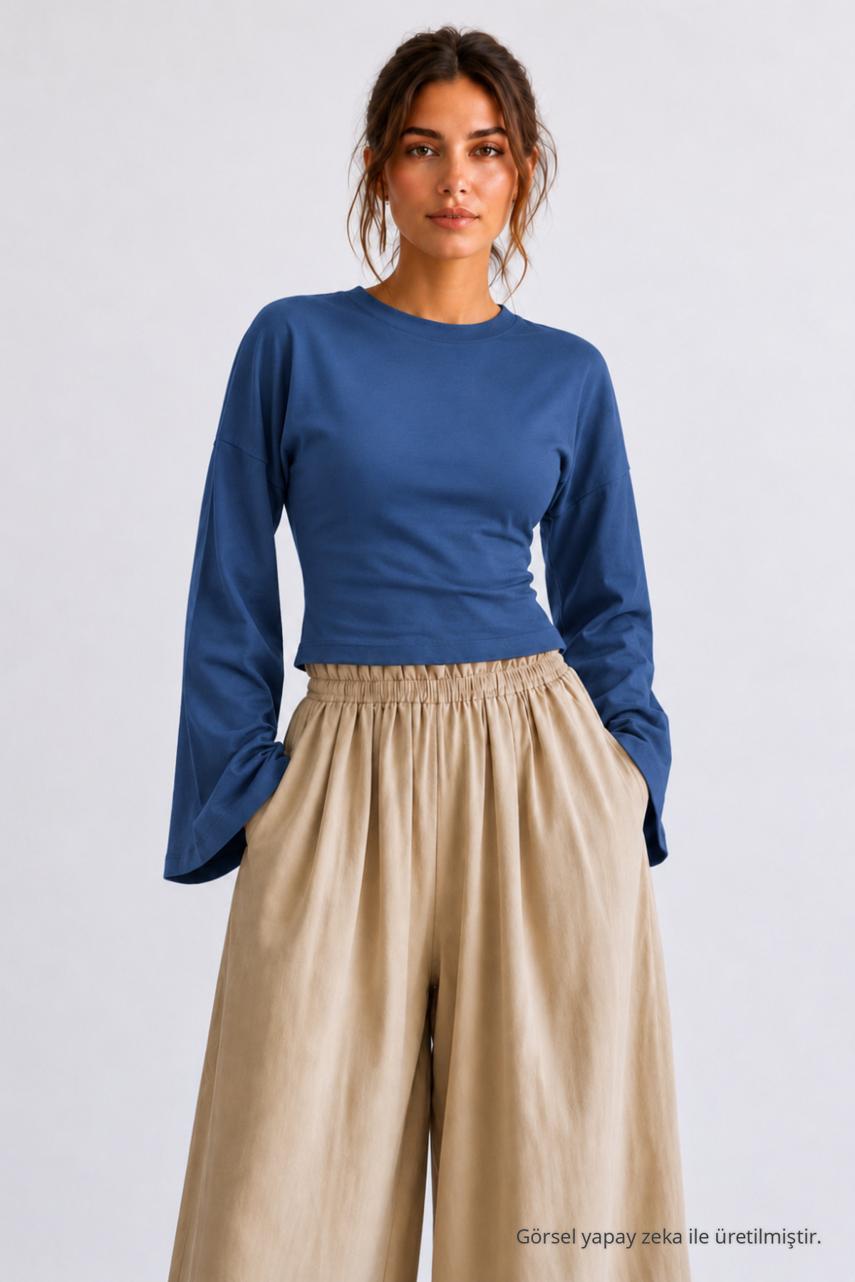 Kadın Basic Geniş Kol 3 Lü Crop Bluz Kahve 6